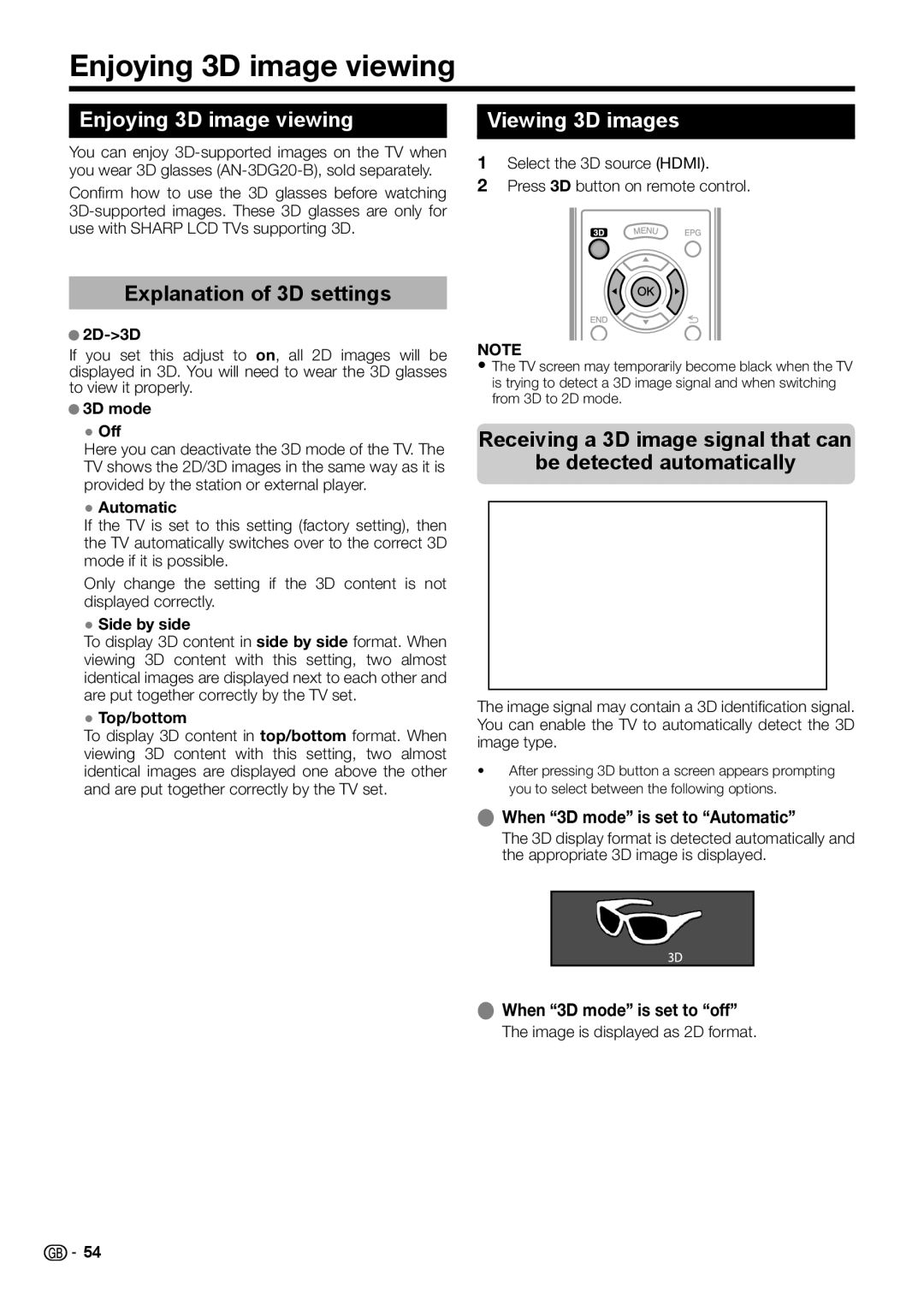 Sharp LC-39LE750E-V, TINS-F657WJZZ, LC-70LE754E Enjoying 3D image viewing, Explanation of 3D settings, Viewing 3D images 