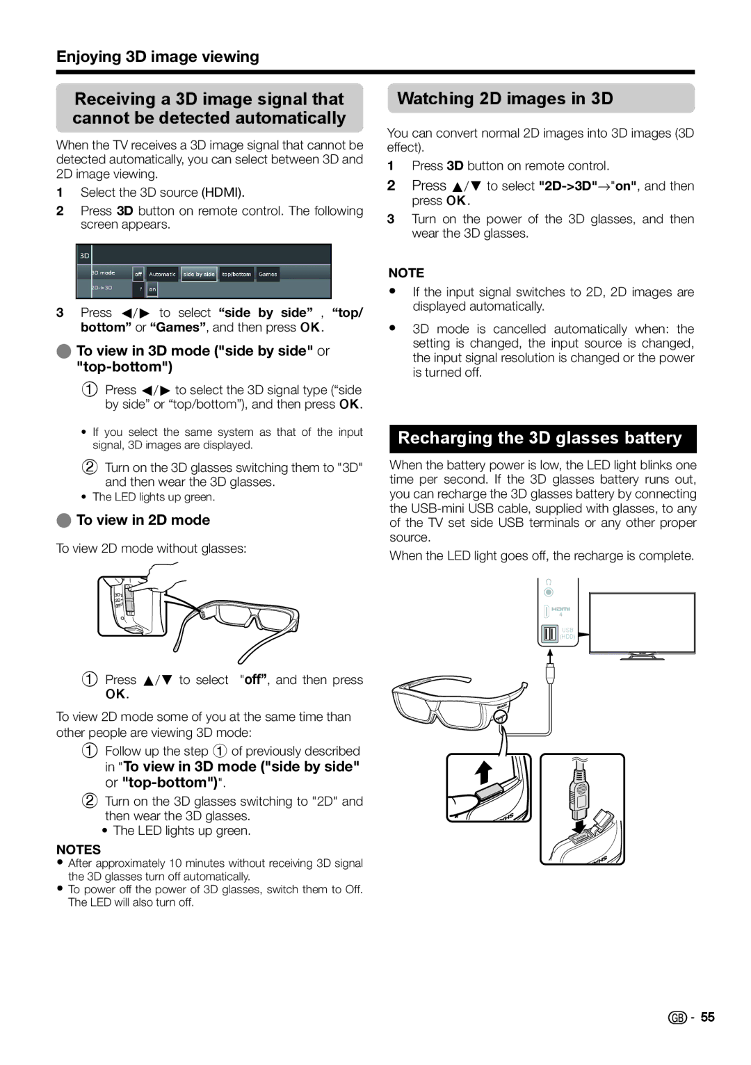 Sharp LC-39LM752E/V, TINS-F657WJZZ Watching 2D images in 3D, Recharging the 3D glasses battery, To view in 2D mode 