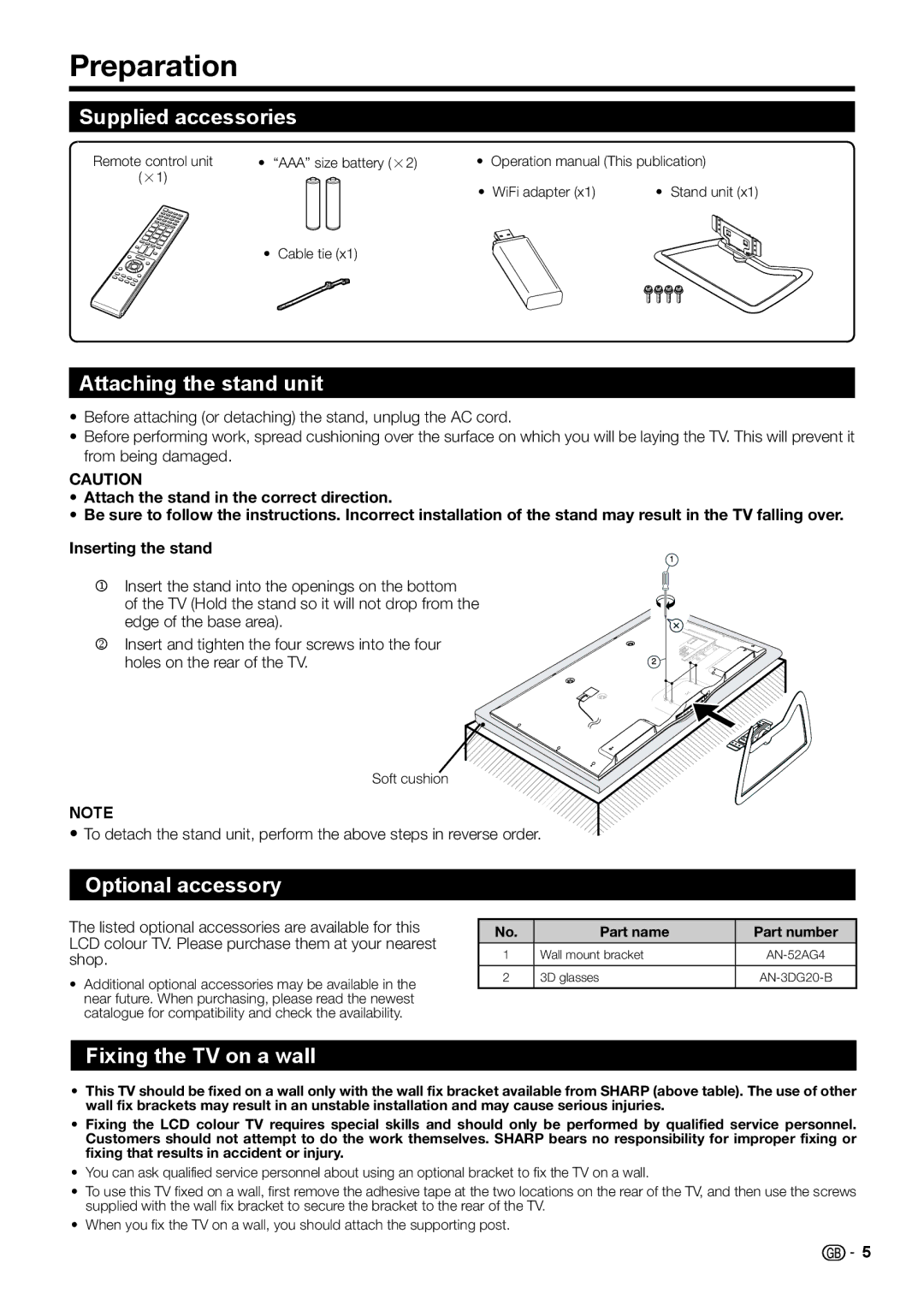 Sharp LC-60LE751E-K, TINS-F657WJZZ Preparation, Supplied accessories, Attaching the stand unit, Optional accessory 