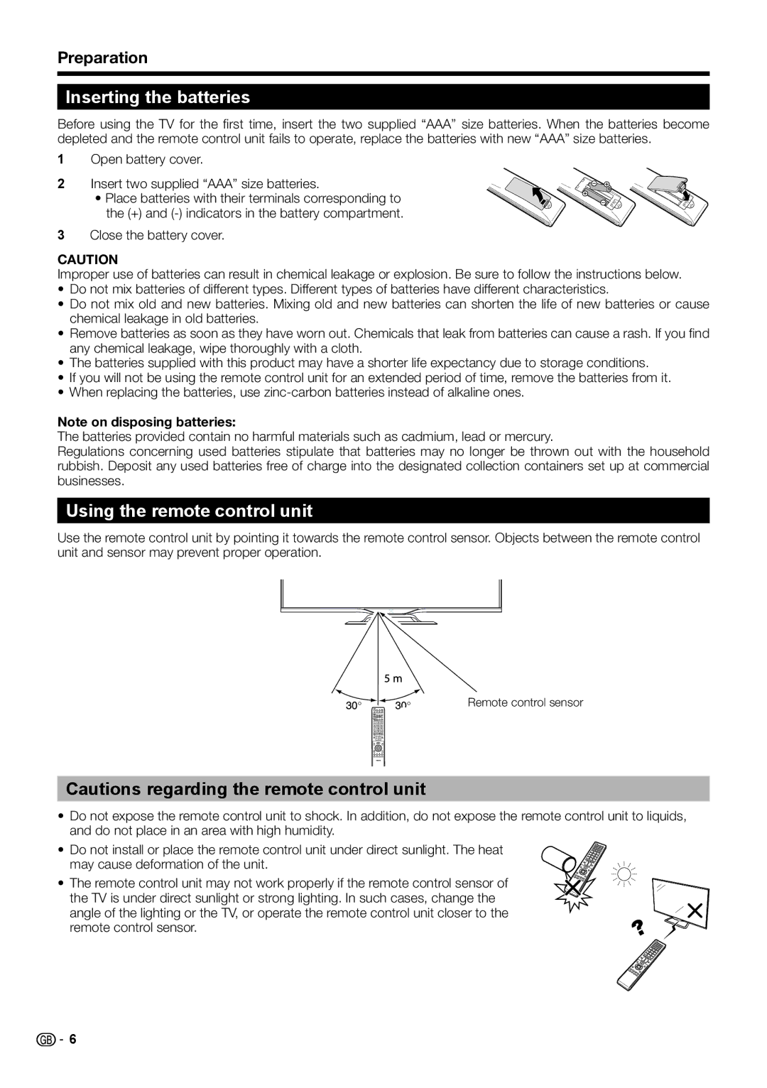 Sharp LC-60LM752E, TINS-F657WJZZ, LC-70LE754E Inserting the batteries, Using the remote control unit, Preparation 