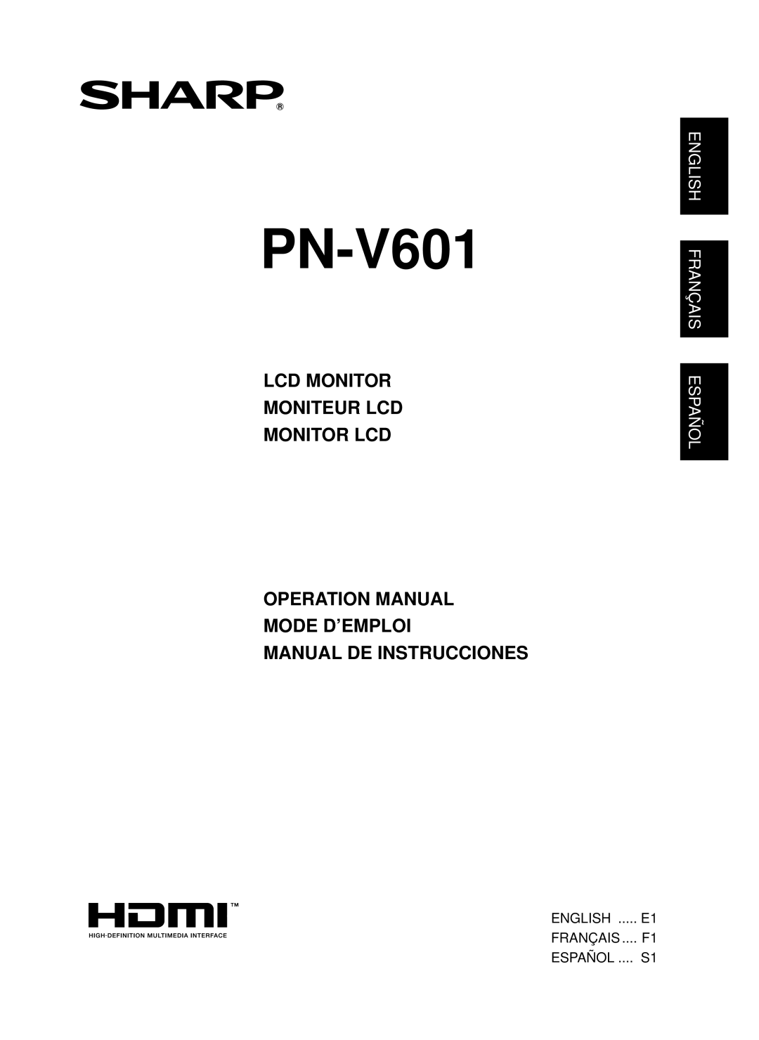 Sharp TINSE1166MPZZ operation manual PN-V601 