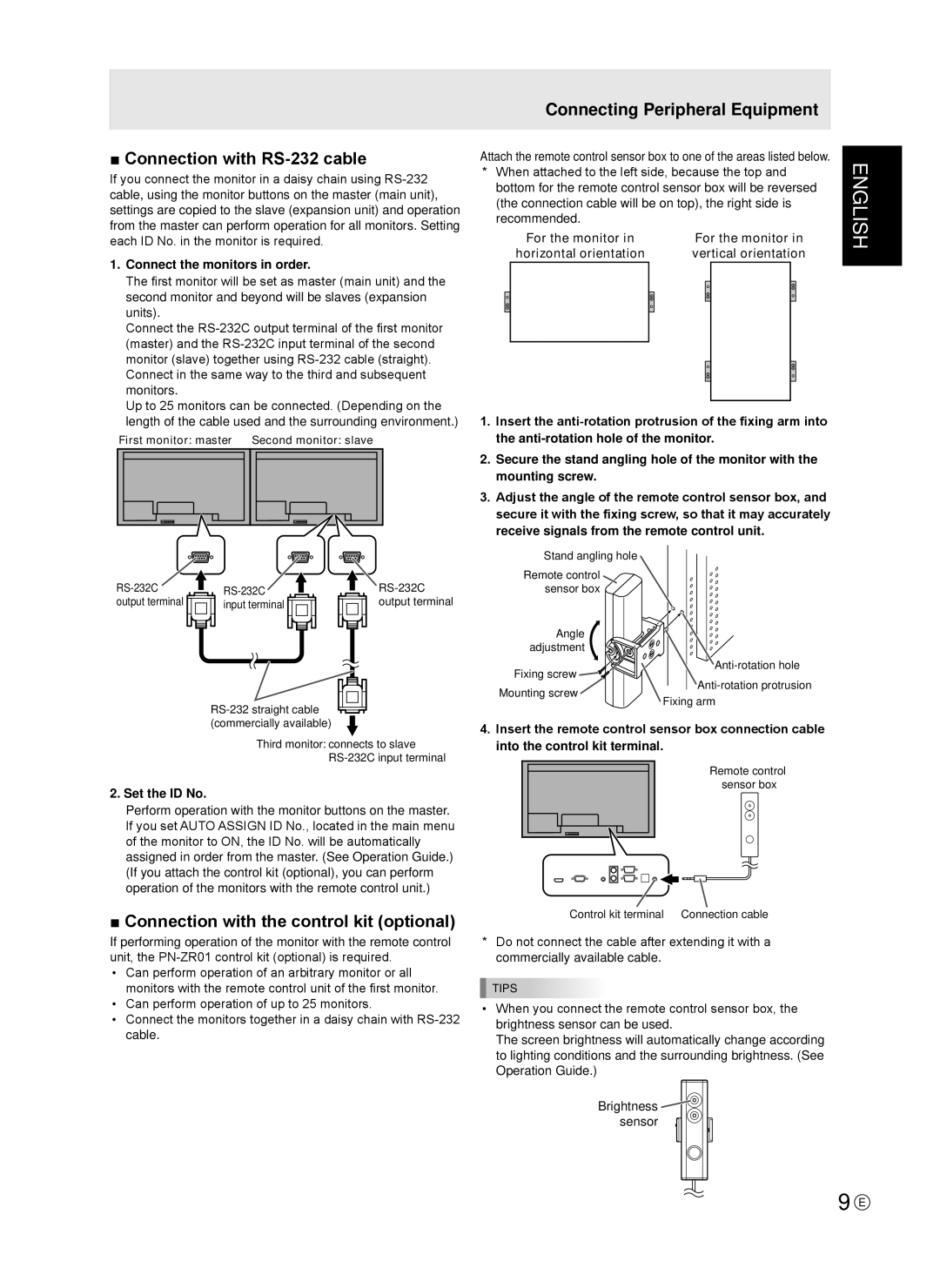 Sharp TINSE1166MPZZ Connection with RS-232 cable, Connection with the control kit optional, Connect the monitors in order 