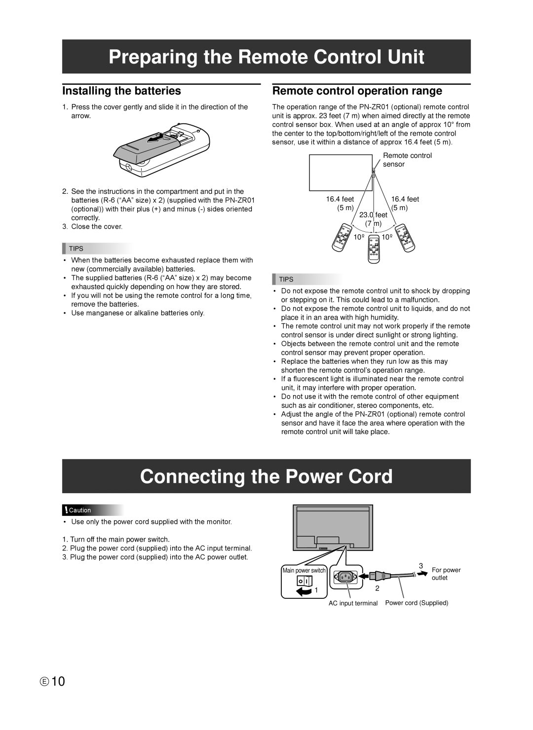 Sharp TINSE1166MPZZ operation manual Preparing the Remote Control Unit, Connecting the Power Cord, Installing the batteries 