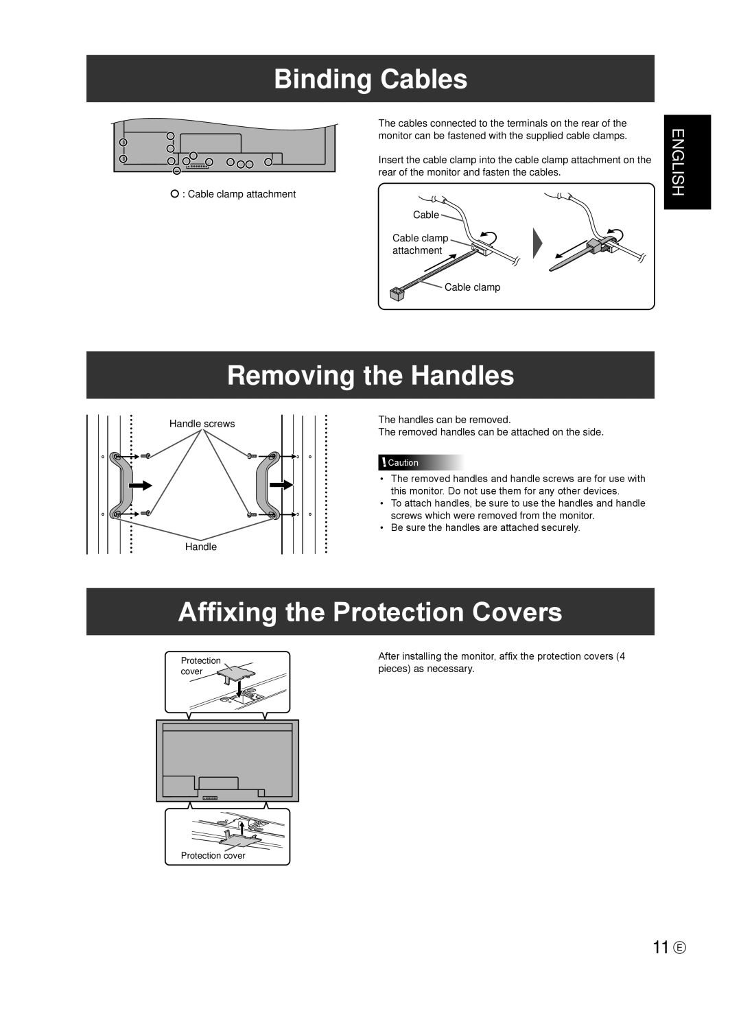 Sharp TINSE1166MPZZ Binding Cables, Removing the Handles, Affixing the Protection Covers, Pieces as necessary 