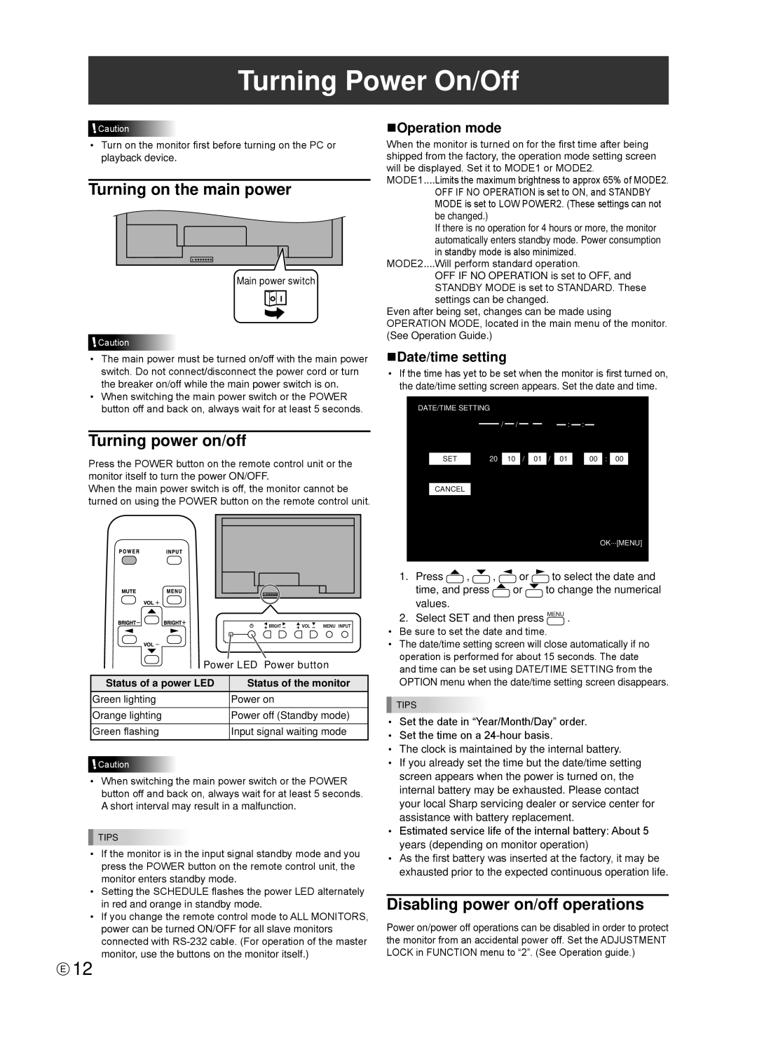 Sharp TINSE1166MPZZ operation manual Turning Power On/Off, Turning on the main power, Turning power on/off 