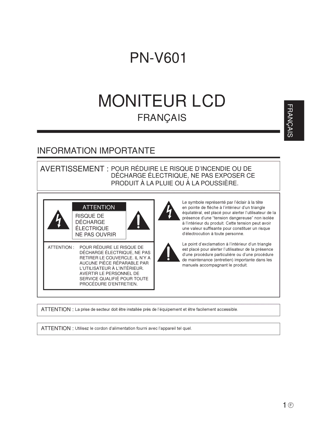 Sharp TINSE1166MPZZ operation manual Moniteur LCD, Information Importante 