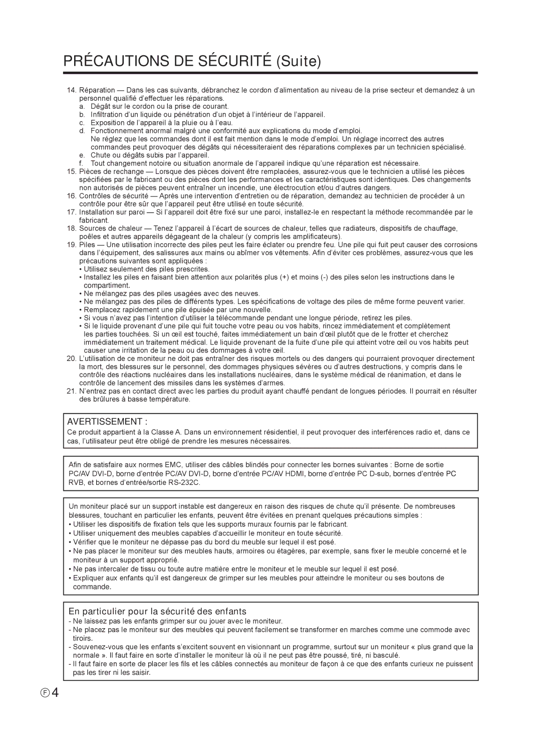 Sharp TINSE1166MPZZ operation manual Précautions DE Sécurité Suite, En particulier pour la sécurité des enfants 