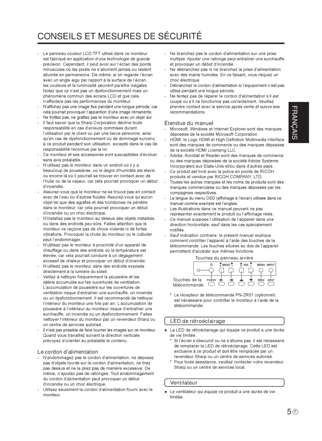 Sharp TINSE1166MPZZ Conseils ET Mesures DE Sécurité, Le cordon d’alimentation, Étendue du manuel, LED de rétroéclairage 