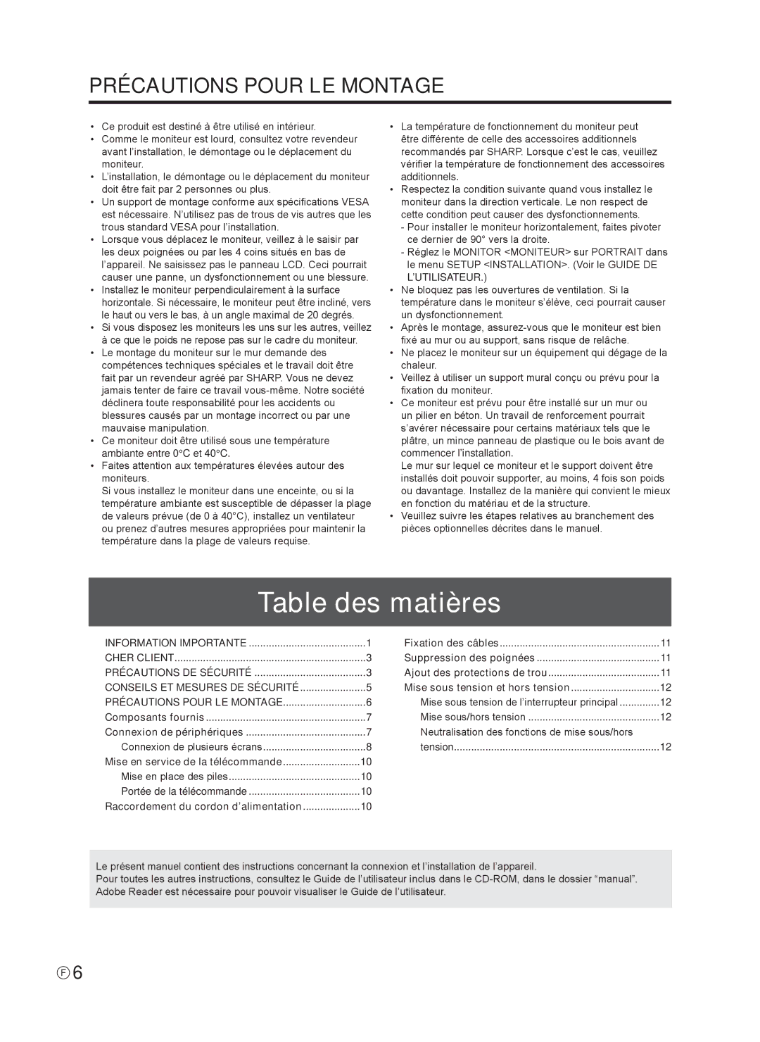 Sharp TINSE1166MPZZ operation manual Table des matières, Précautions Pour LE Montage 