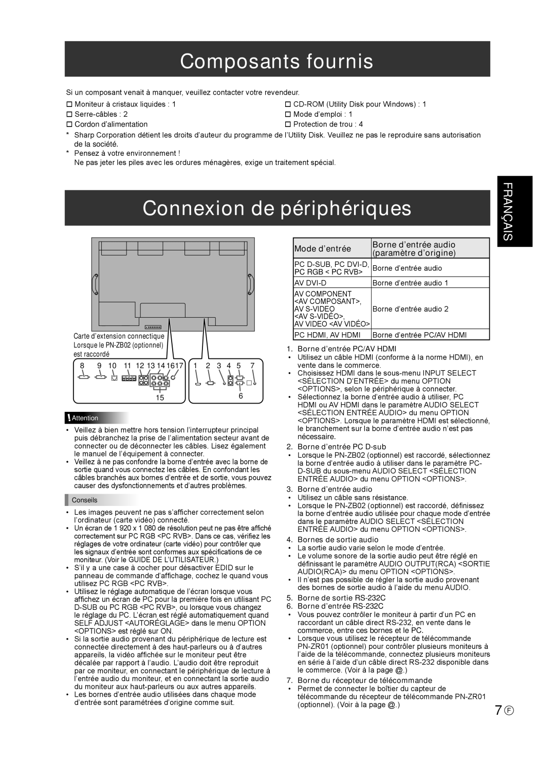 Sharp TINSE1166MPZZ operation manual Composants fournis, Connexion de périphériques 