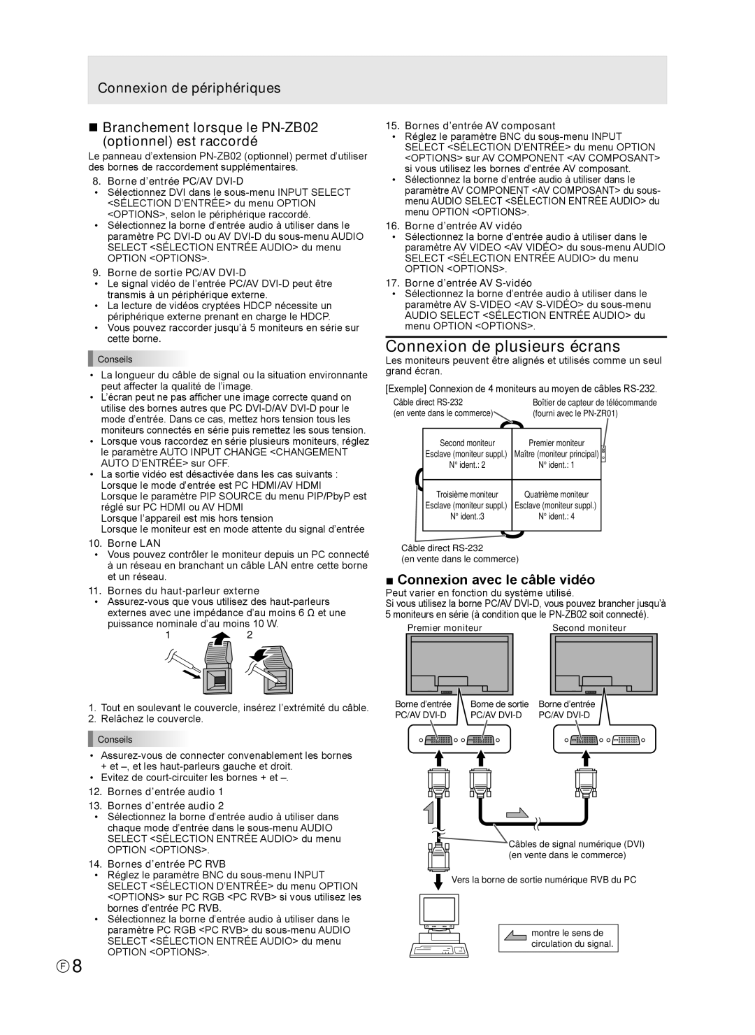 Sharp TINSE1166MPZZ operation manual Connexion de plusieurs écrans, Connexion avec le câble vidéo 