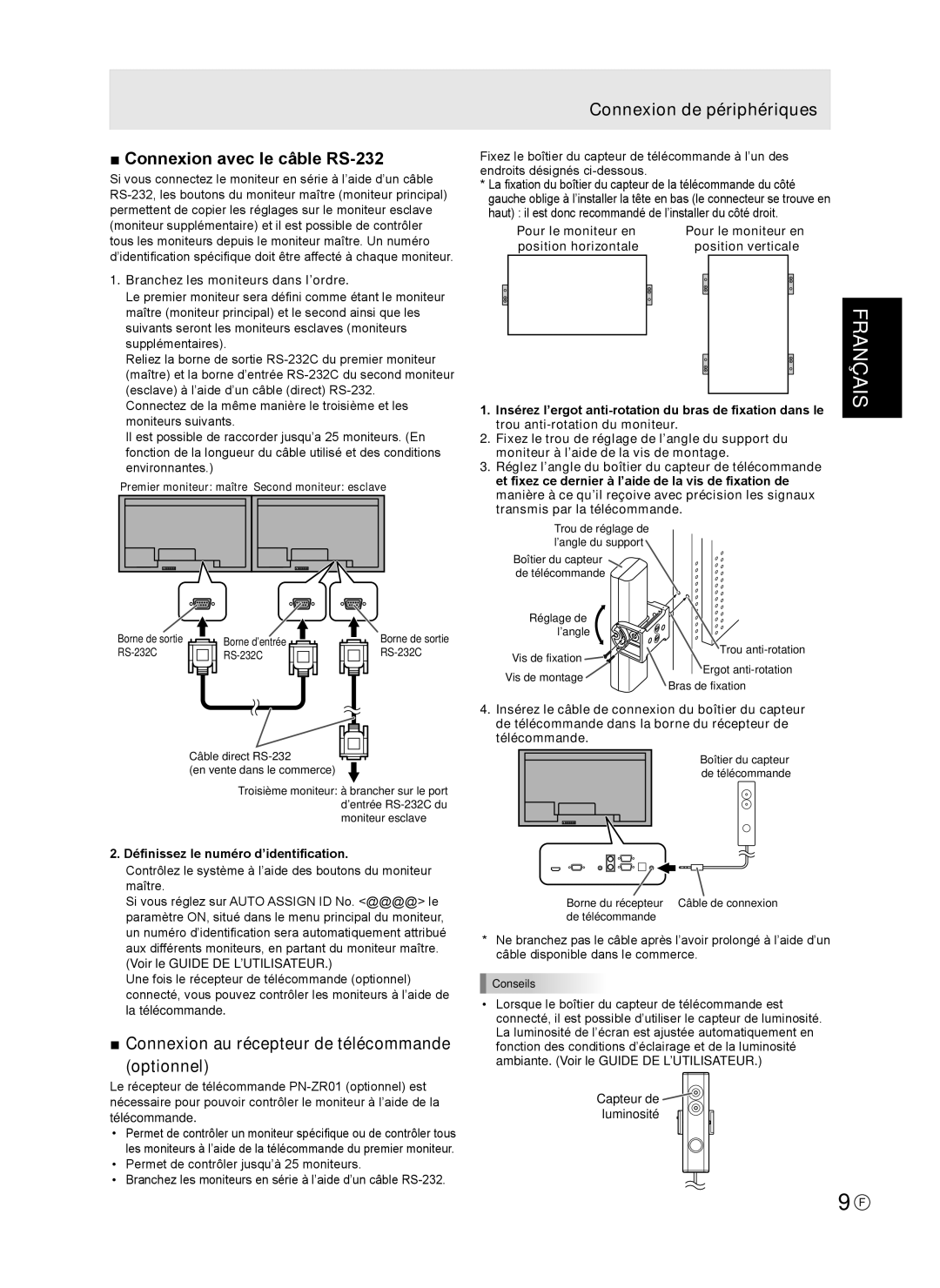 Sharp TINSE1166MPZZ operation manual Connexion avec le câble RS-232, Connexion au récepteur de télécommande Optionnel 