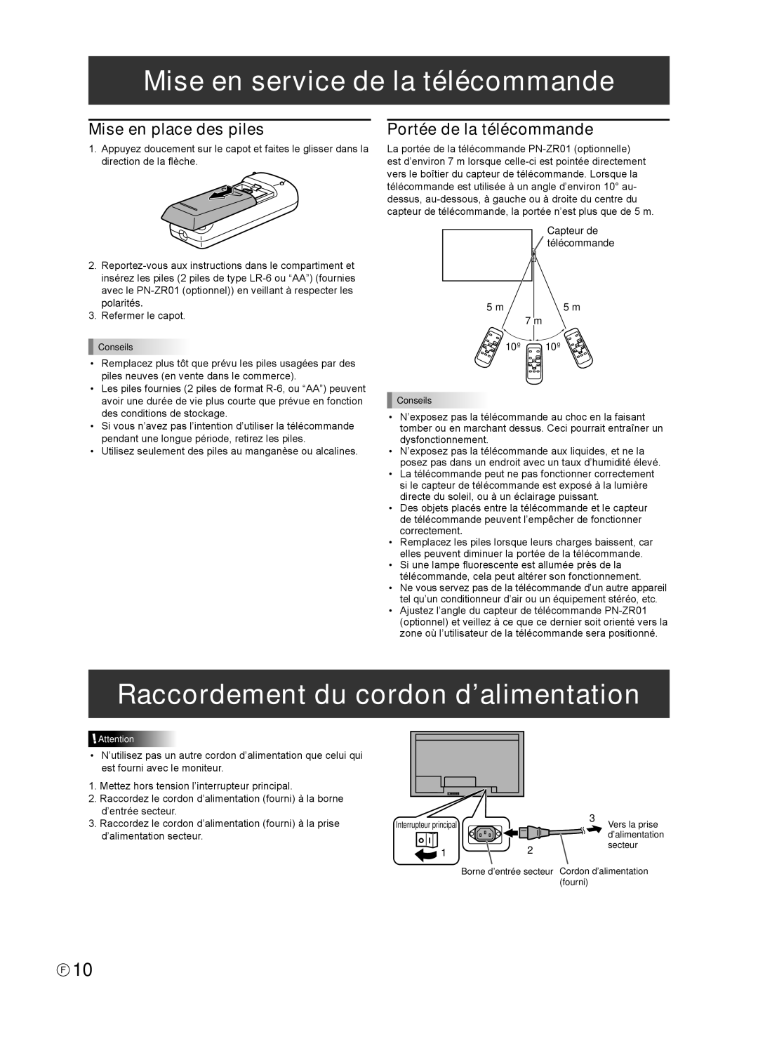 Sharp TINSE1166MPZZ Mise en service de la télécommande, Raccordement du cordon d’alimentation, Mise en place des piles 