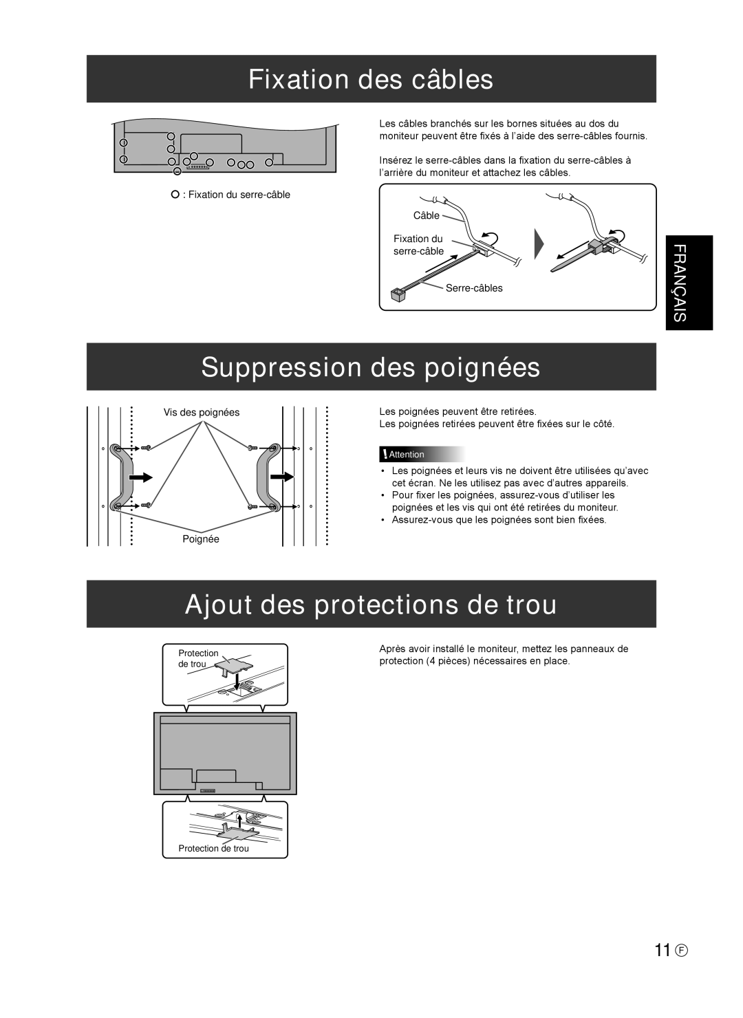 Sharp TINSE1166MPZZ operation manual Fixation des câbles, Suppression des poignées, Ajout des protections de trou 