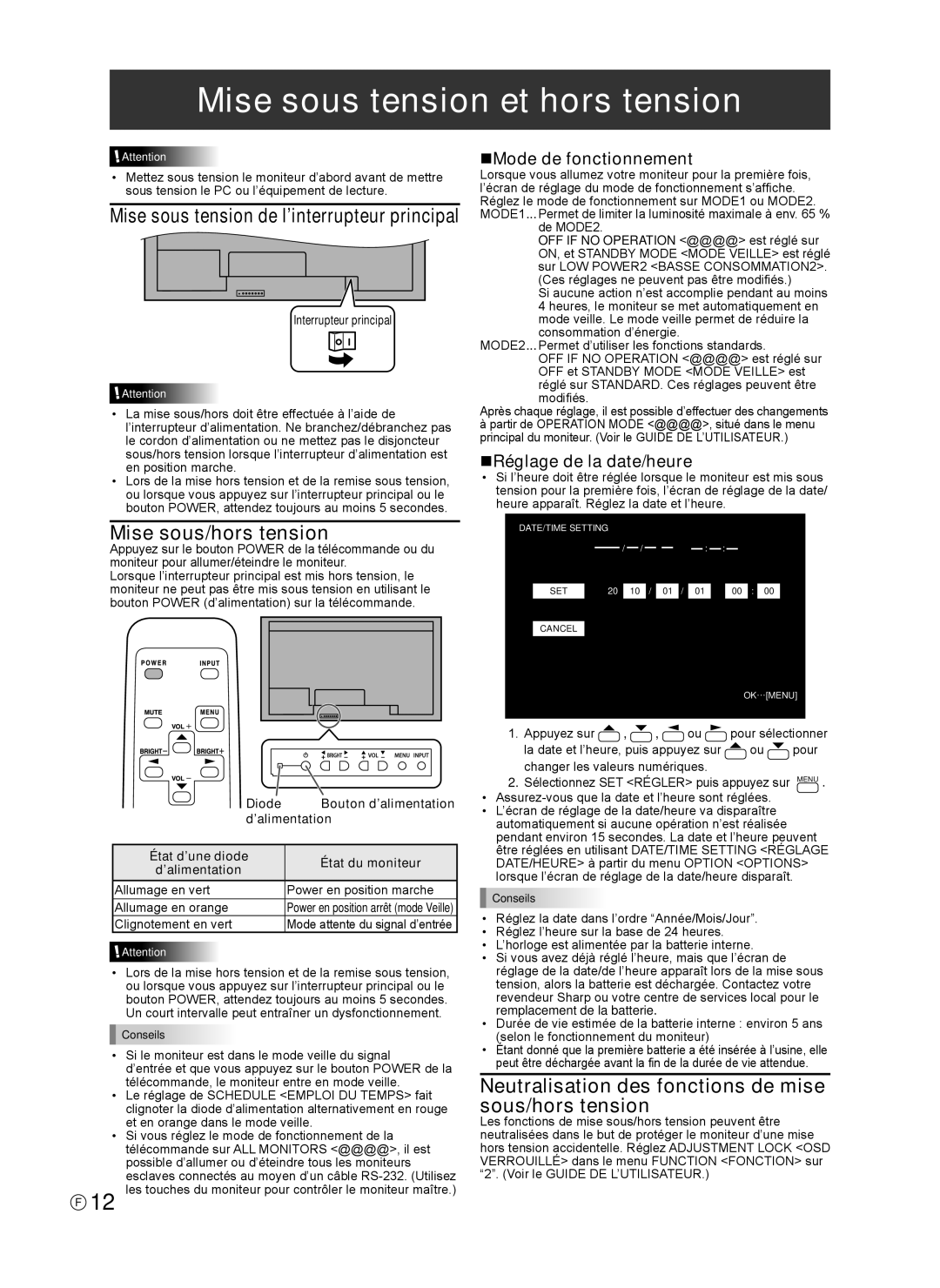 Sharp TINSE1166MPZZ operation manual Mise sous tension et hors tension, Mise sous/hors tension, NMode de fonctionnement 