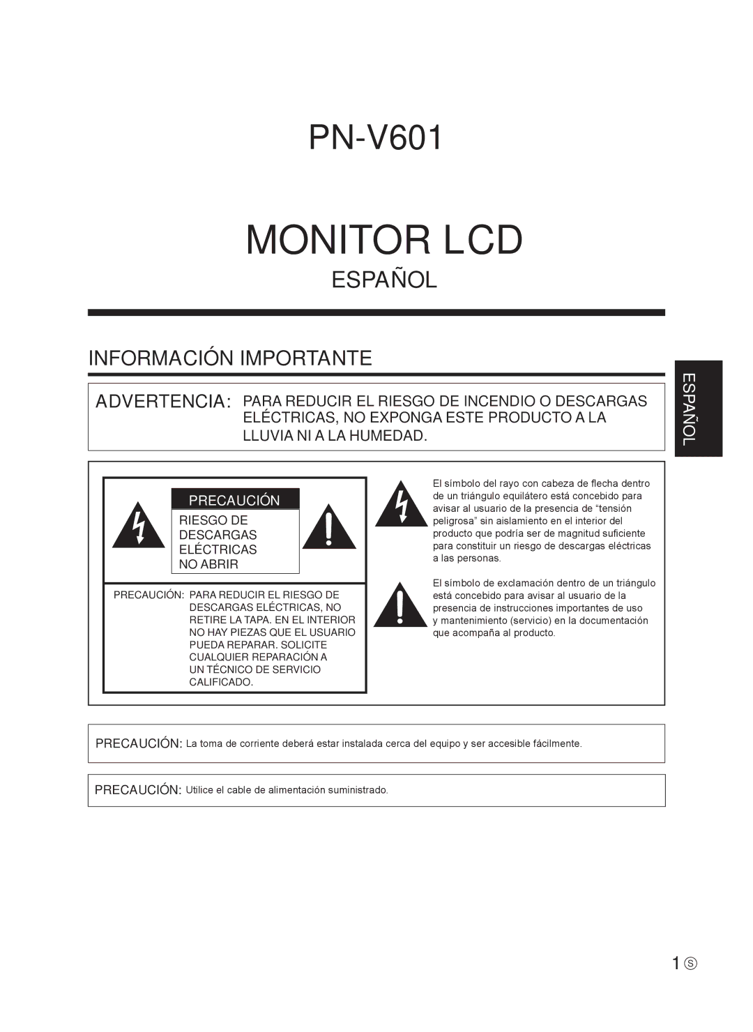 Sharp TINSE1166MPZZ operation manual Monitor LCD, Información Importante 