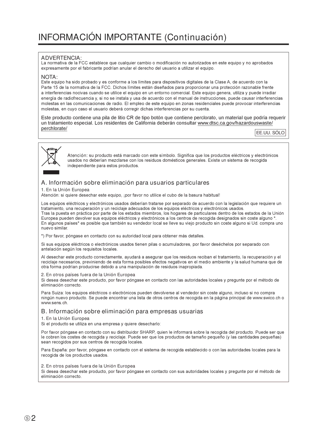 Sharp TINSE1166MPZZ Información Importante Continuación, Información sobre eliminación para usuarios particulares 