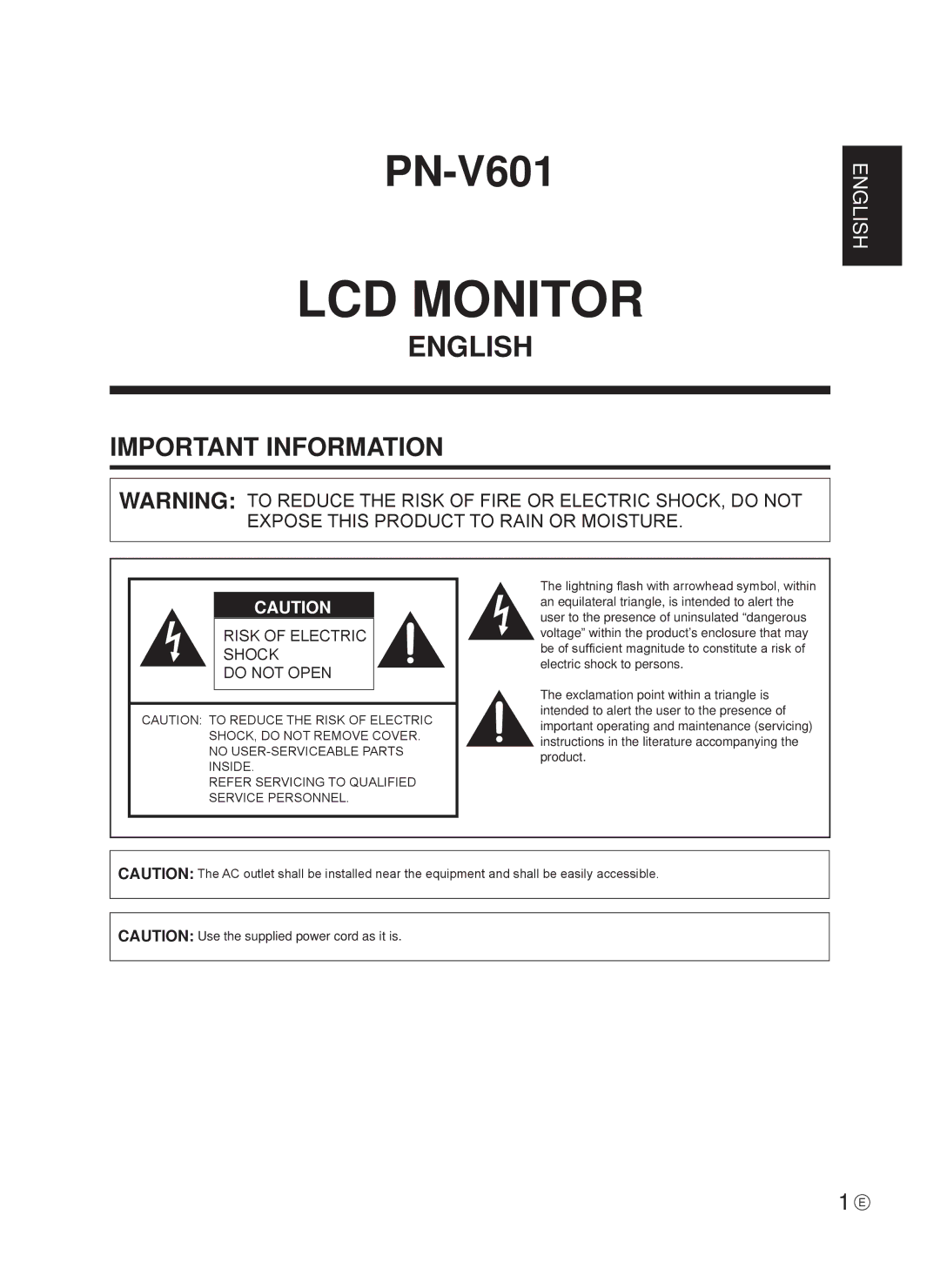 Sharp TINSE1166MPZZ operation manual LCD Monitor, Important Information 