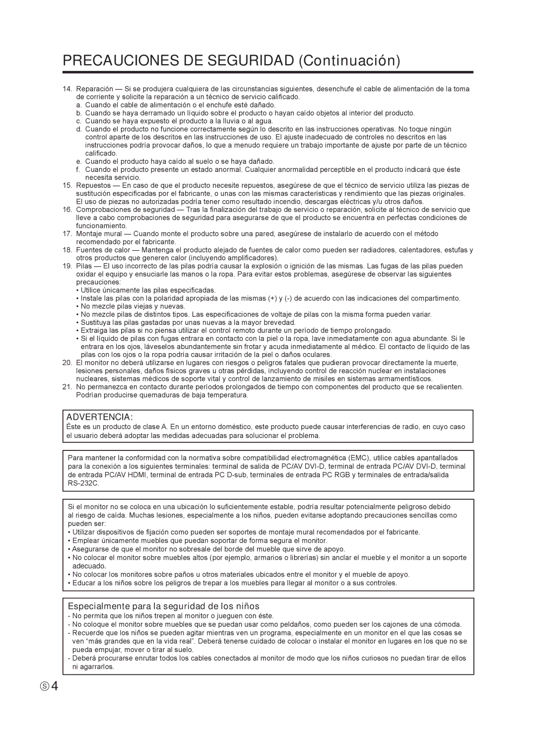 Sharp TINSE1166MPZZ operation manual Precauciones DE Seguridad Continuación, Especialmente para la seguridad de los niños 