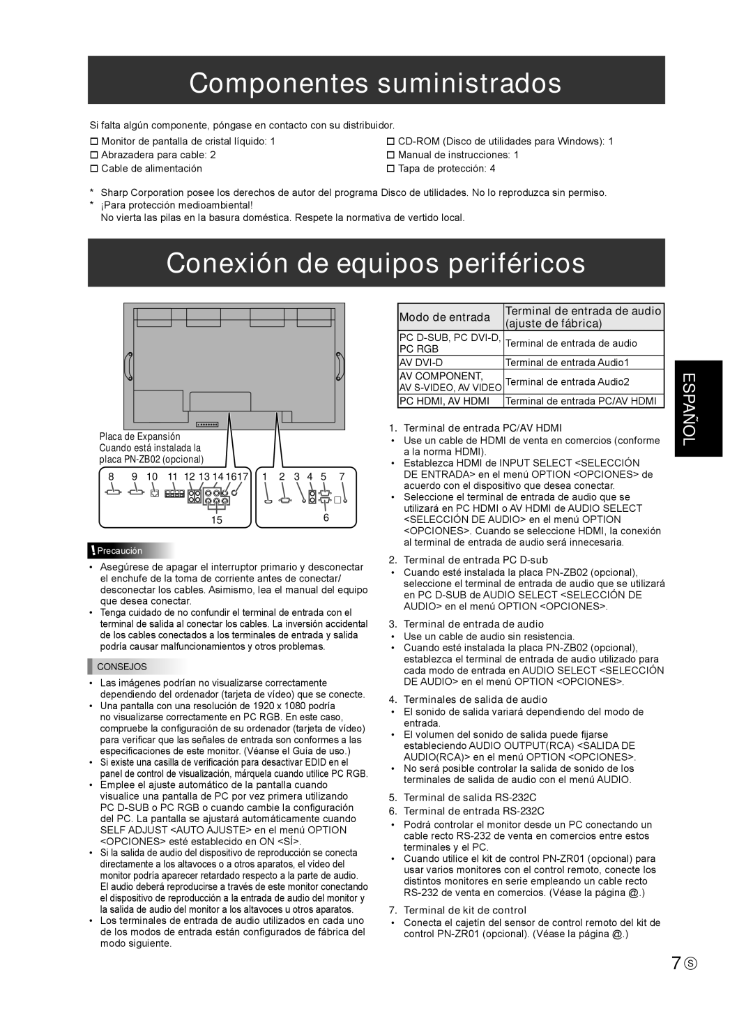 Sharp TINSE1166MPZZ operation manual Componentes suministrados, Conexión de equipos periféricos 