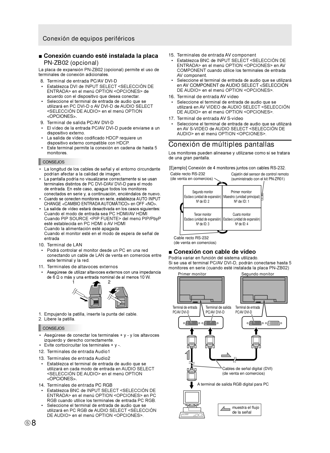 Sharp TINSE1166MPZZ operation manual Conexión de múltiples pantallas, Conexión con cable de vídeo 