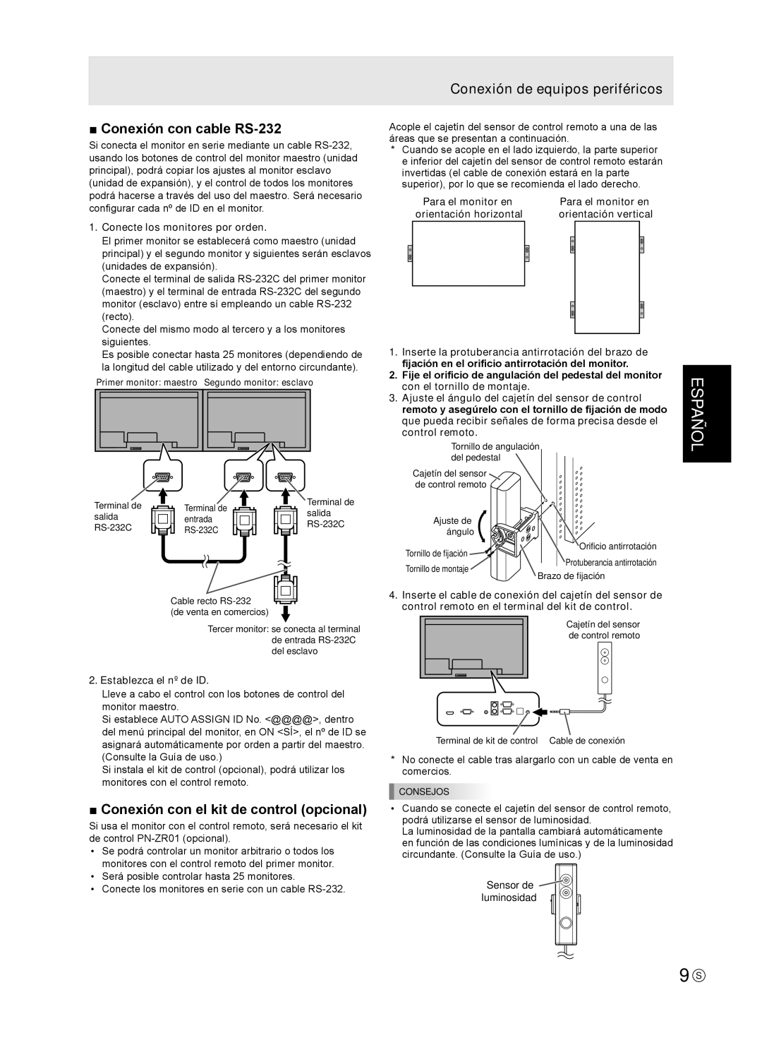 Sharp TINSE1166MPZZ Conexión con cable RS-232, Conexión con el kit de control opcional, Conexión de equipos periféricos 