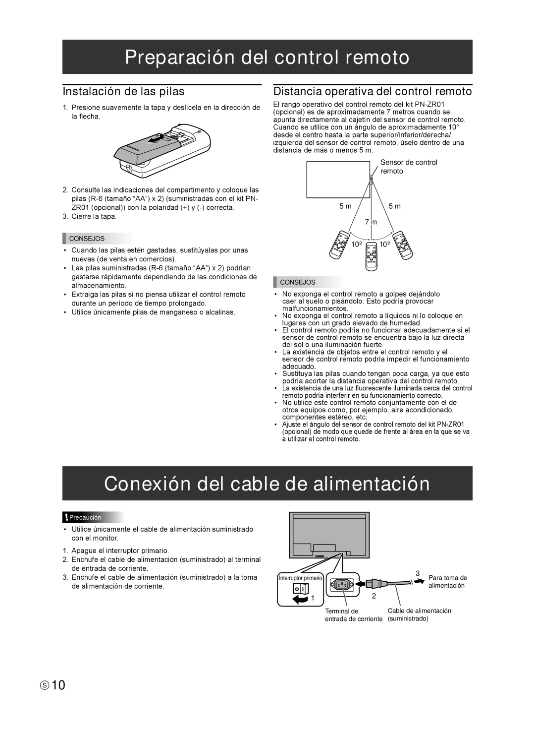 Sharp TINSE1166MPZZ Preparación del control remoto, Conexión del cable de alimentación, Instalación de las pilas 