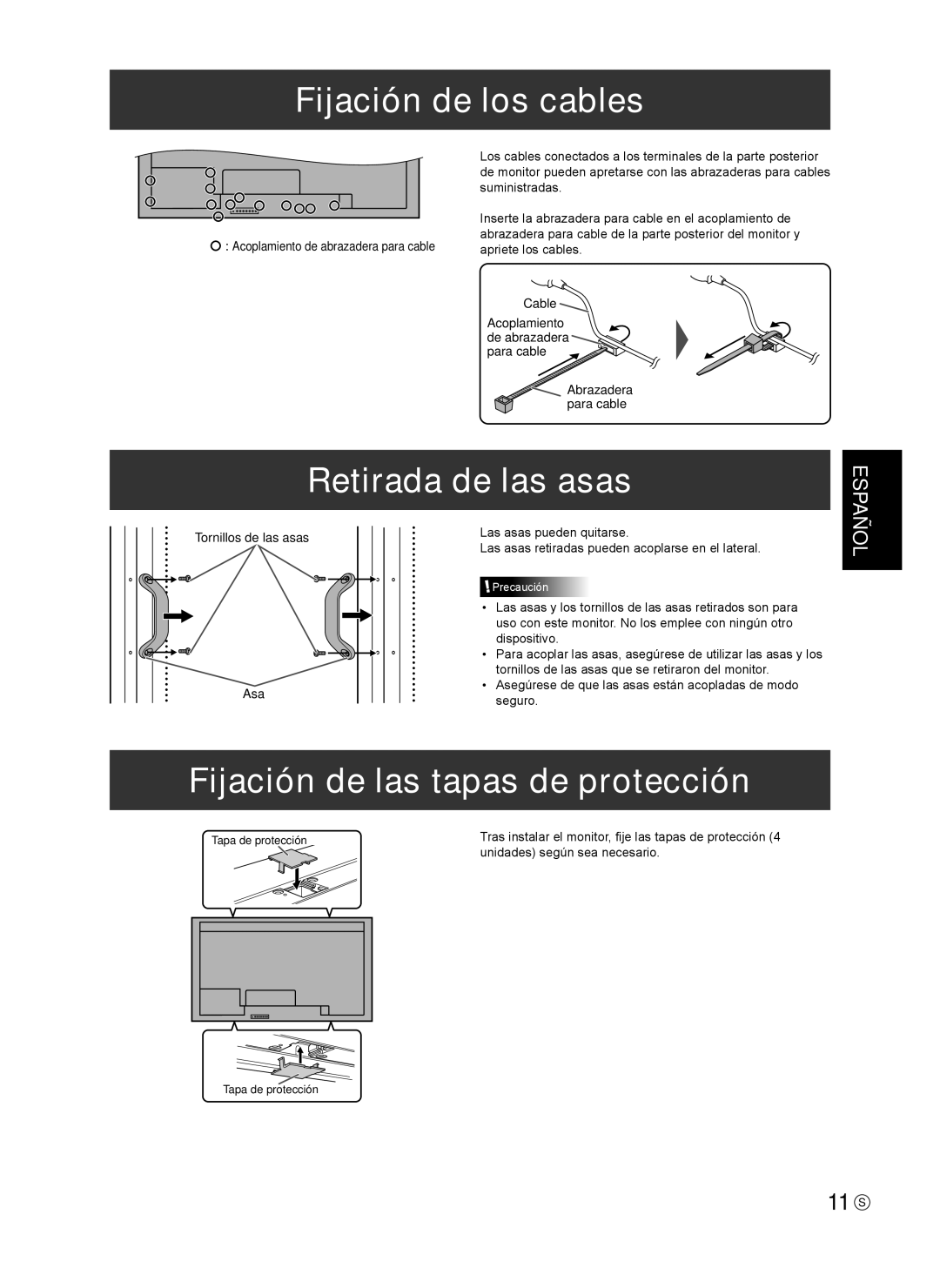 Sharp TINSE1166MPZZ Fijación de los cables, Retirada de las asas, Fijación de las tapas de protección, Apriete los cables 