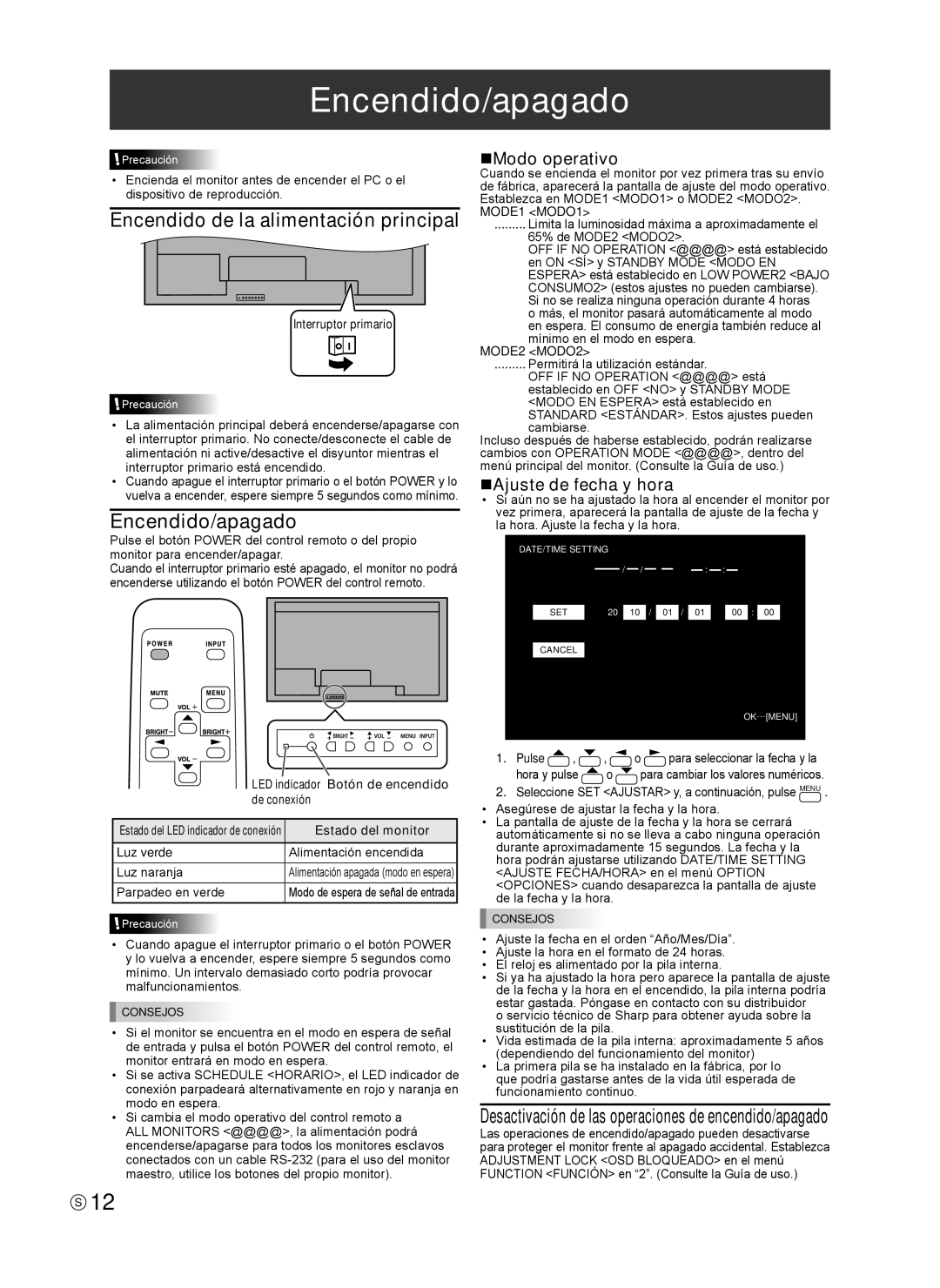 Sharp TINSE1166MPZZ operation manual Encendido/apagado, NModo operativo, NAjuste de fecha y hora 