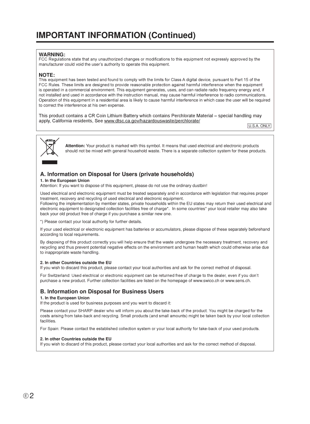 Sharp TINSE1166MPZZ Important Information, Information on Disposal for Users private households, European Union 