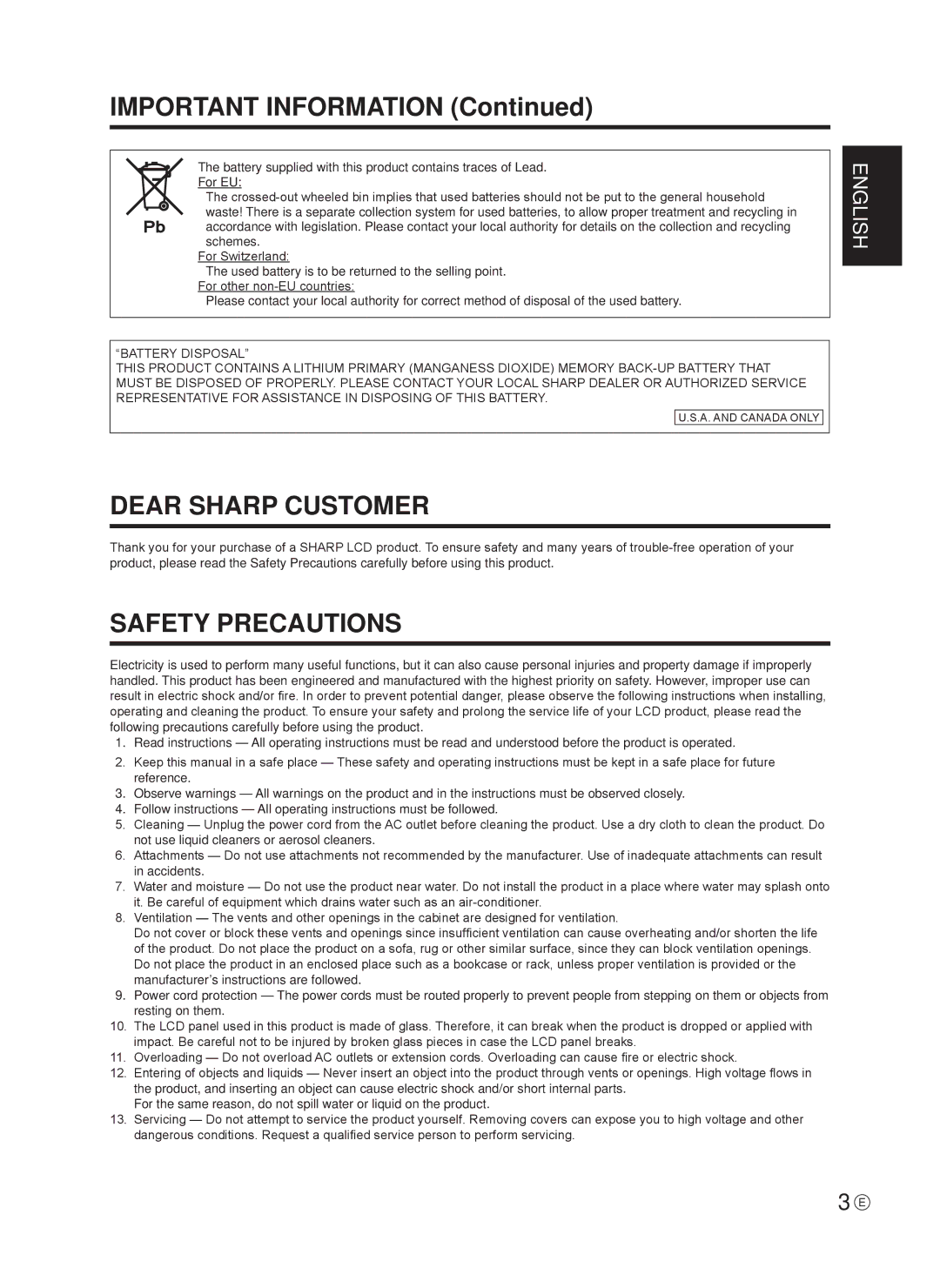 Sharp TINSE1166MPZZ operation manual Dear Sharp Customer, Safety Precautions 