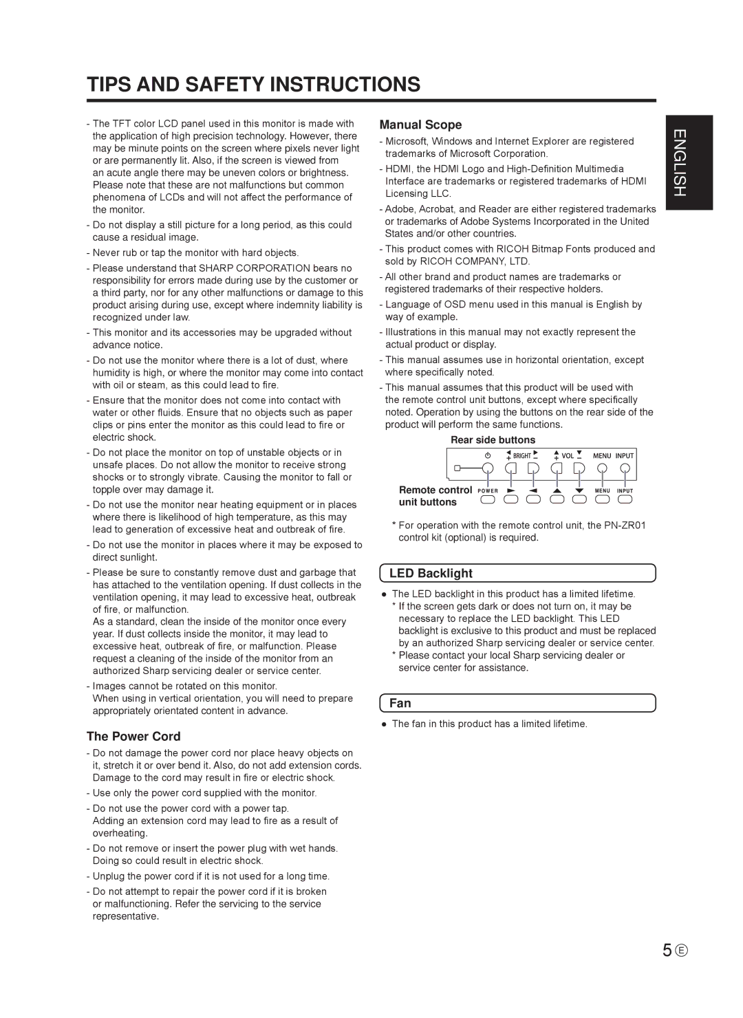 Sharp TINSE1166MPZZ operation manual Tips and Safety Instructions, Power Cord, Manual Scope, LED Backlight, Fan 