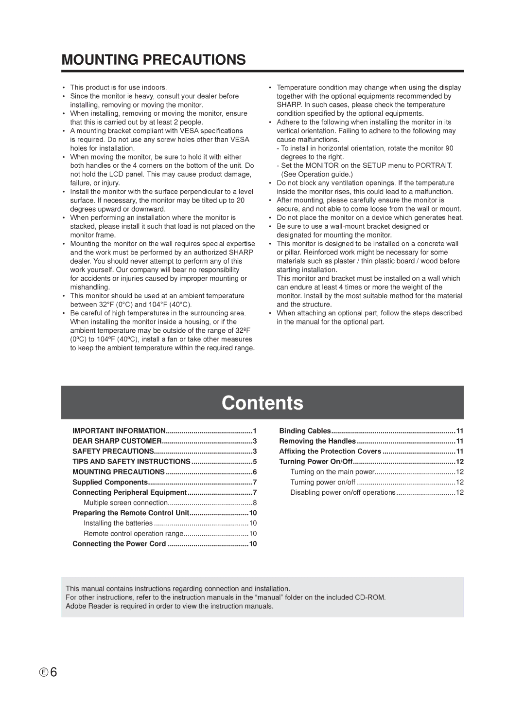 Sharp TINSE1166MPZZ operation manual Contents 