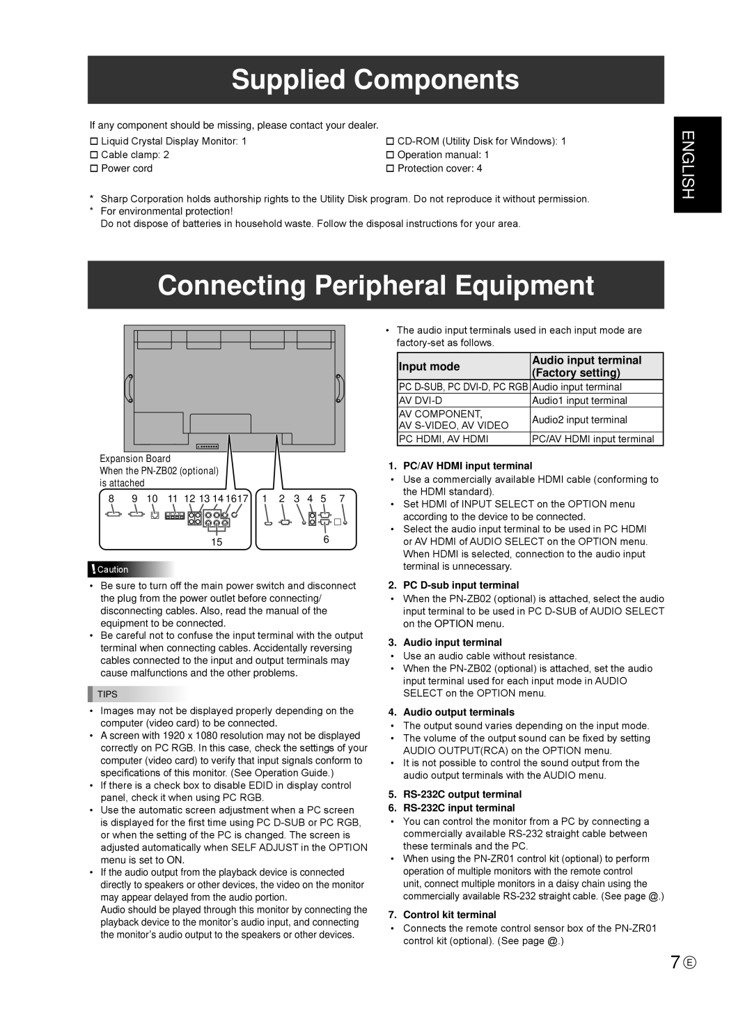 Sharp TINSE1166MPZZ operation manual Supplied Components, Connecting Peripheral Equipment 