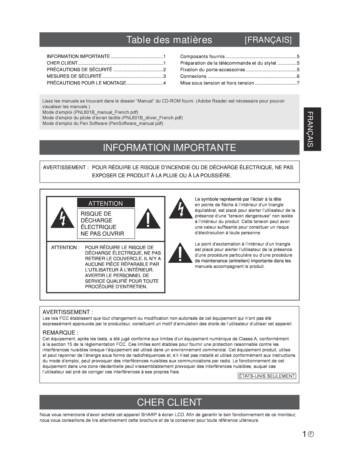 Sharp TINSE1181MPZZ(2) Table des matières, Information Importante, Cher Client, Français, Avertissement, Remarque 