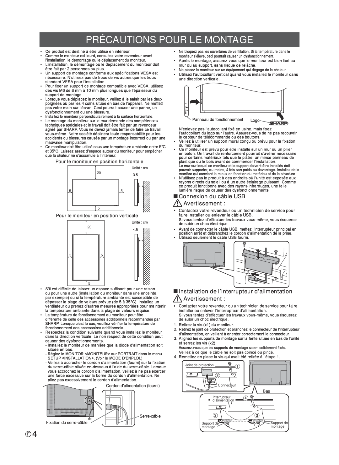 Sharp TINSE1181MPZZ(2) installation manual Précautions Pour Le Montage, Connexion du câble USB Avertissement 