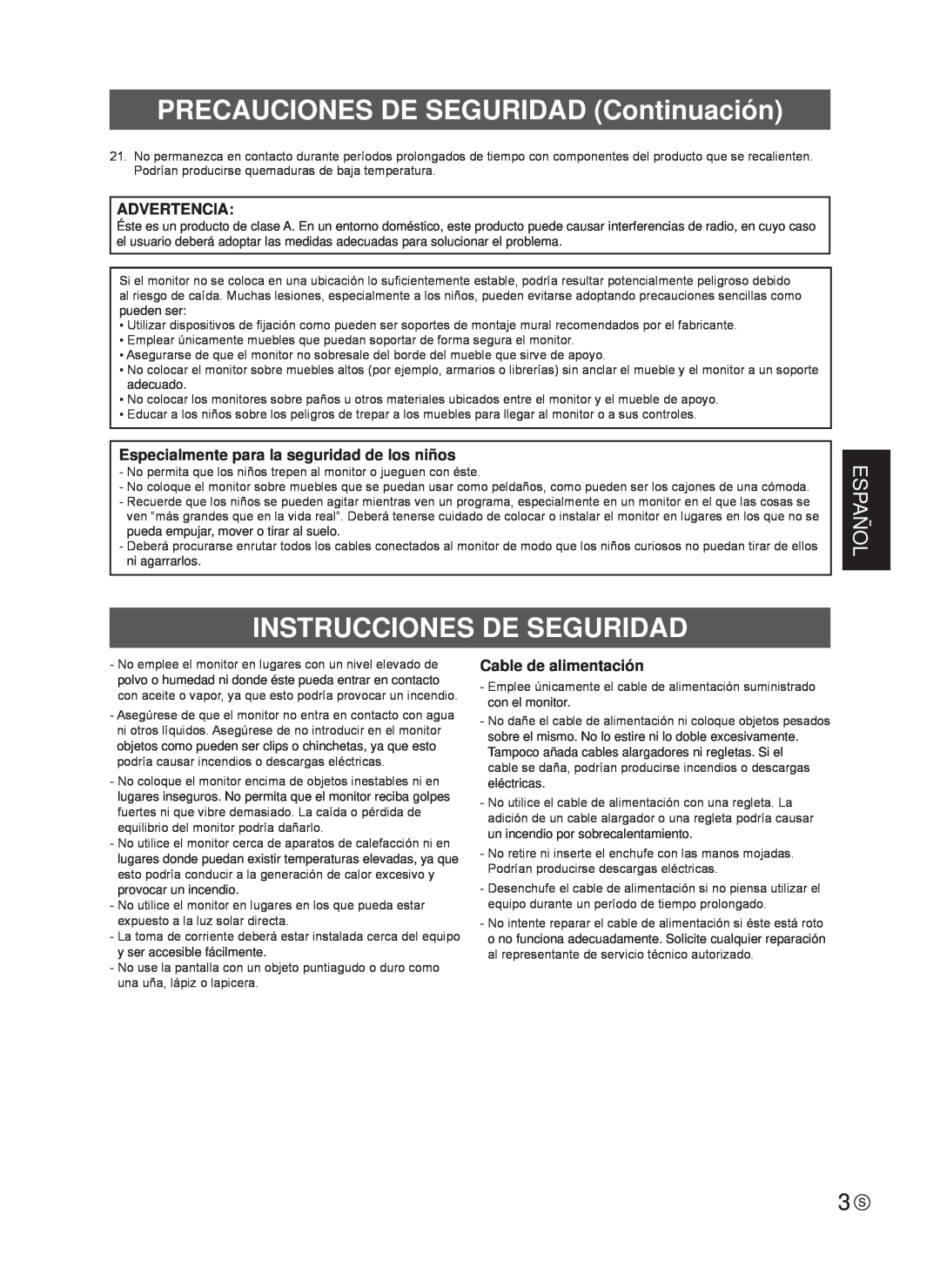 Sharp TINSE1181MPZZ(2) PRECAUCIONES DE SEGURIDAD Continuación, Instrucciones De Seguridad, Español, Cable de alimentación 