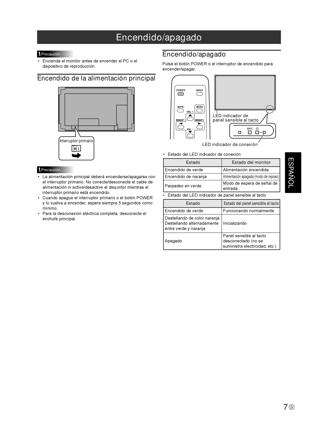 Sharp TINSE1181MPZZ(2) Encendido/apagado, Español, Encendido de la alimentación principal, Interruptor primario, Estado 