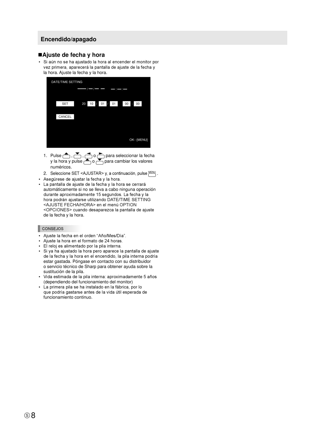 Sharp TINSE1181MPZZ(2) installation manual Encendido/apagado nAjuste de fecha y hora 
