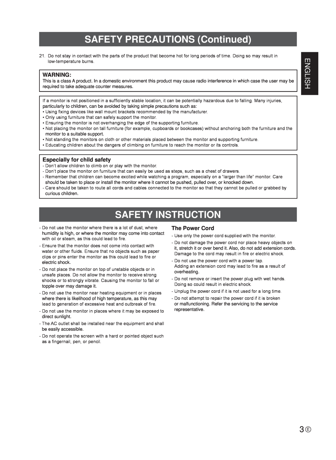 Sharp TINSE1181MPZZ(2) SAFETY PRECAUTIONS Continued, Safety Instruction, Especially for child safety, The Power Cord 