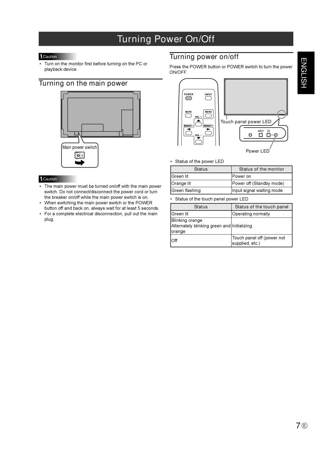 Sharp TINSE1181MPZZ(2) Turning Power On/Off, Turning on the main power, Turning power on/off, English, Main power switch 