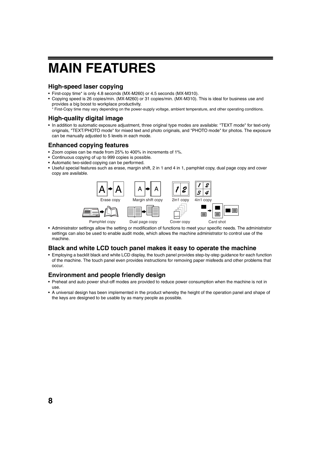 Sharp TINSE2026QSZZ Main Features, High-speed laser copying, High-quality digital image, Enhanced copying features 