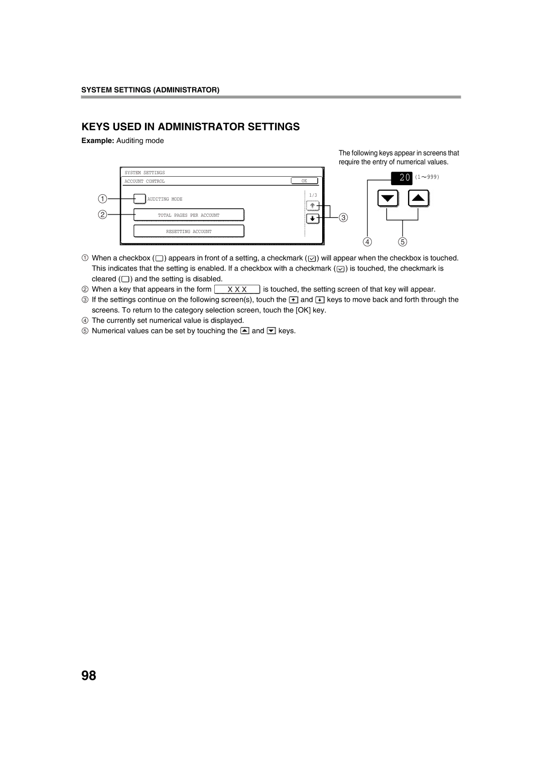 Sharp TINSE2026QSZZ operation manual Keys Used in Administrator Settings, Example Auditing mode 