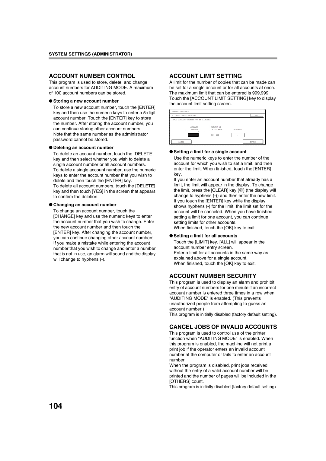 Sharp TINSE2026QSZZ operation manual 104, Account Number Control, Account Limit Setting, Account Number Security 