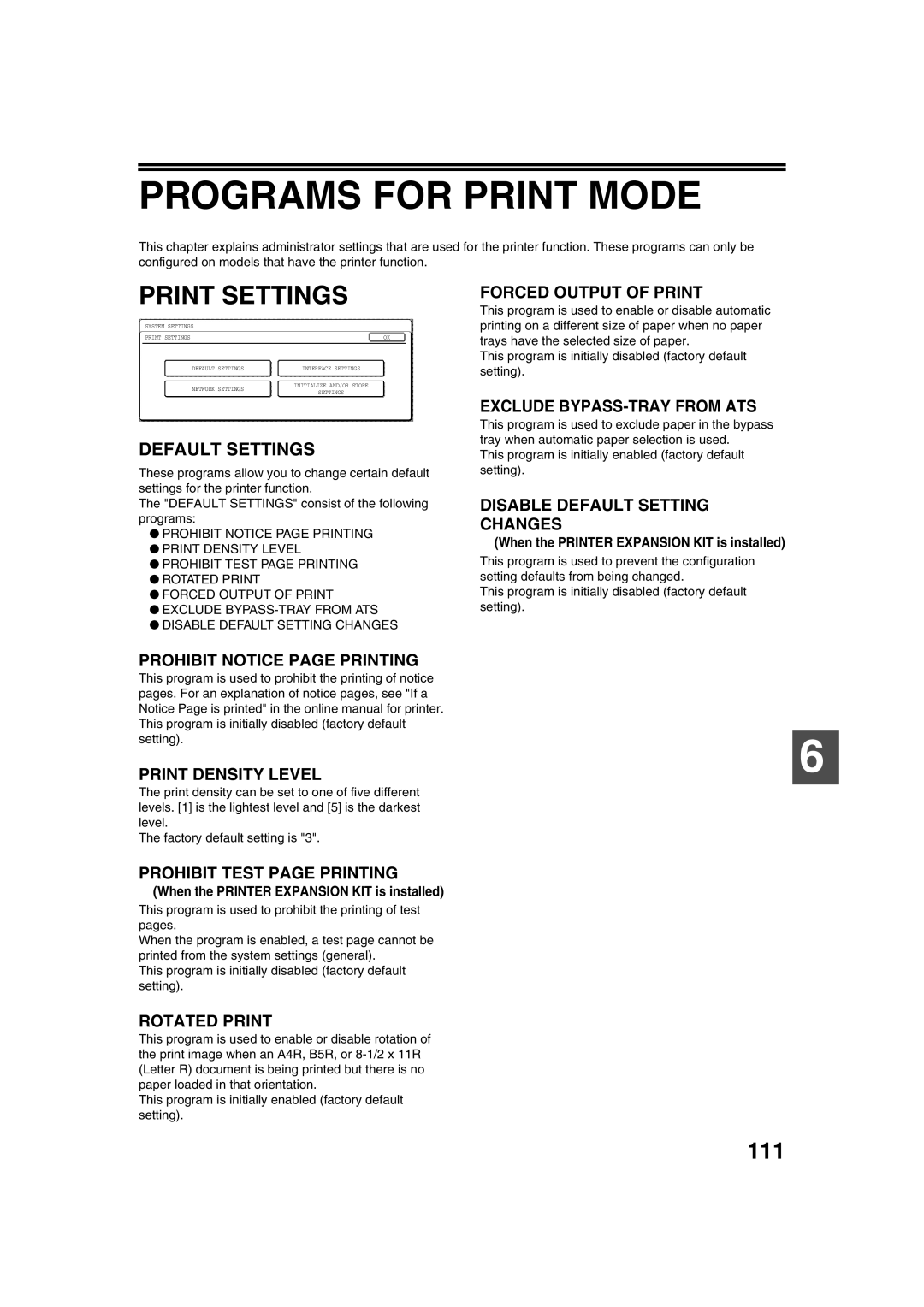 Sharp TINSE2026QSZZ operation manual Programs for Print Mode, Print Settings, 111 