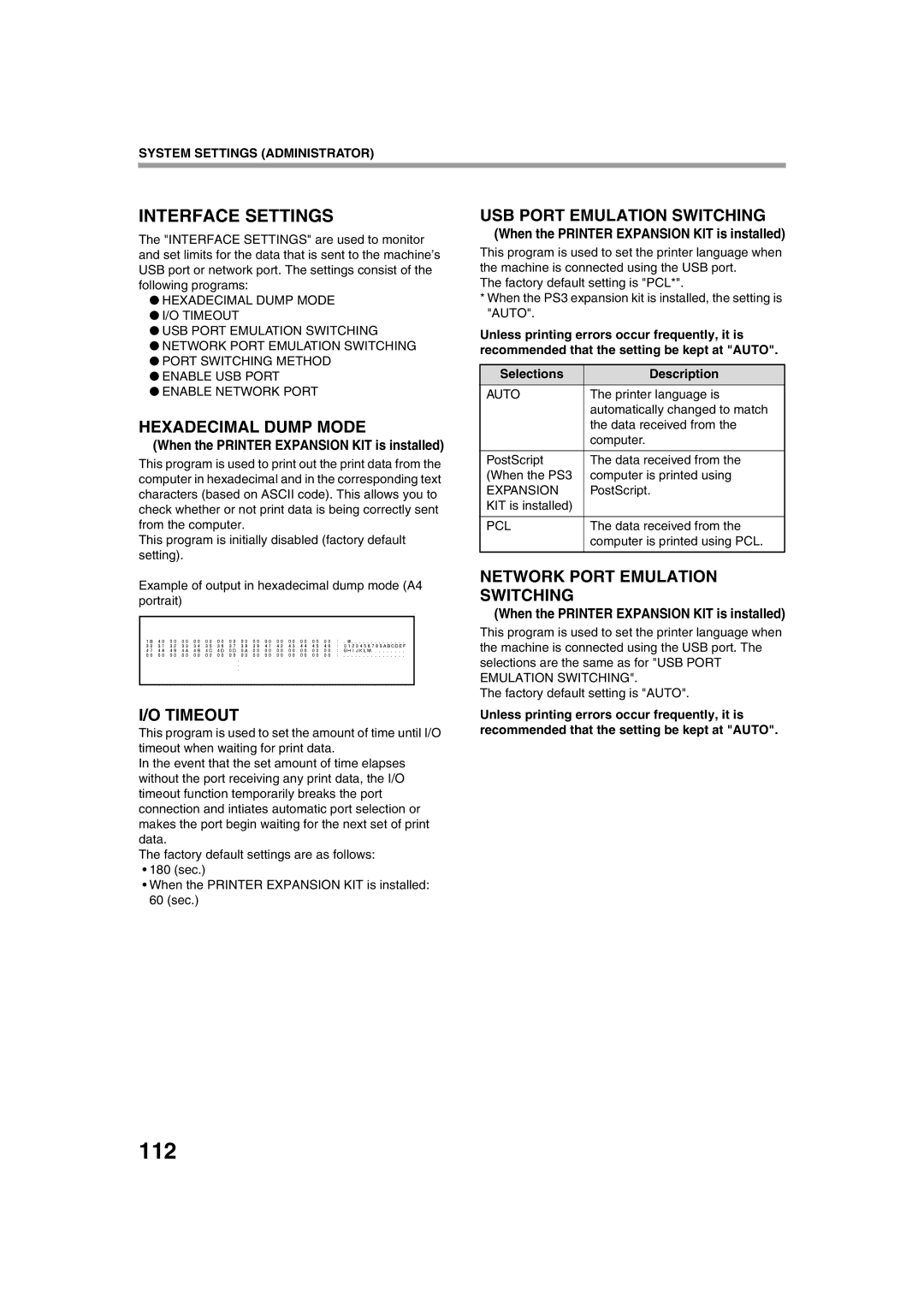 Sharp TINSE2026QSZZ 112, Hexadecimal Dump Mode, Timeout, USB Port Emulation Switching, Network Port Emulation Switching 