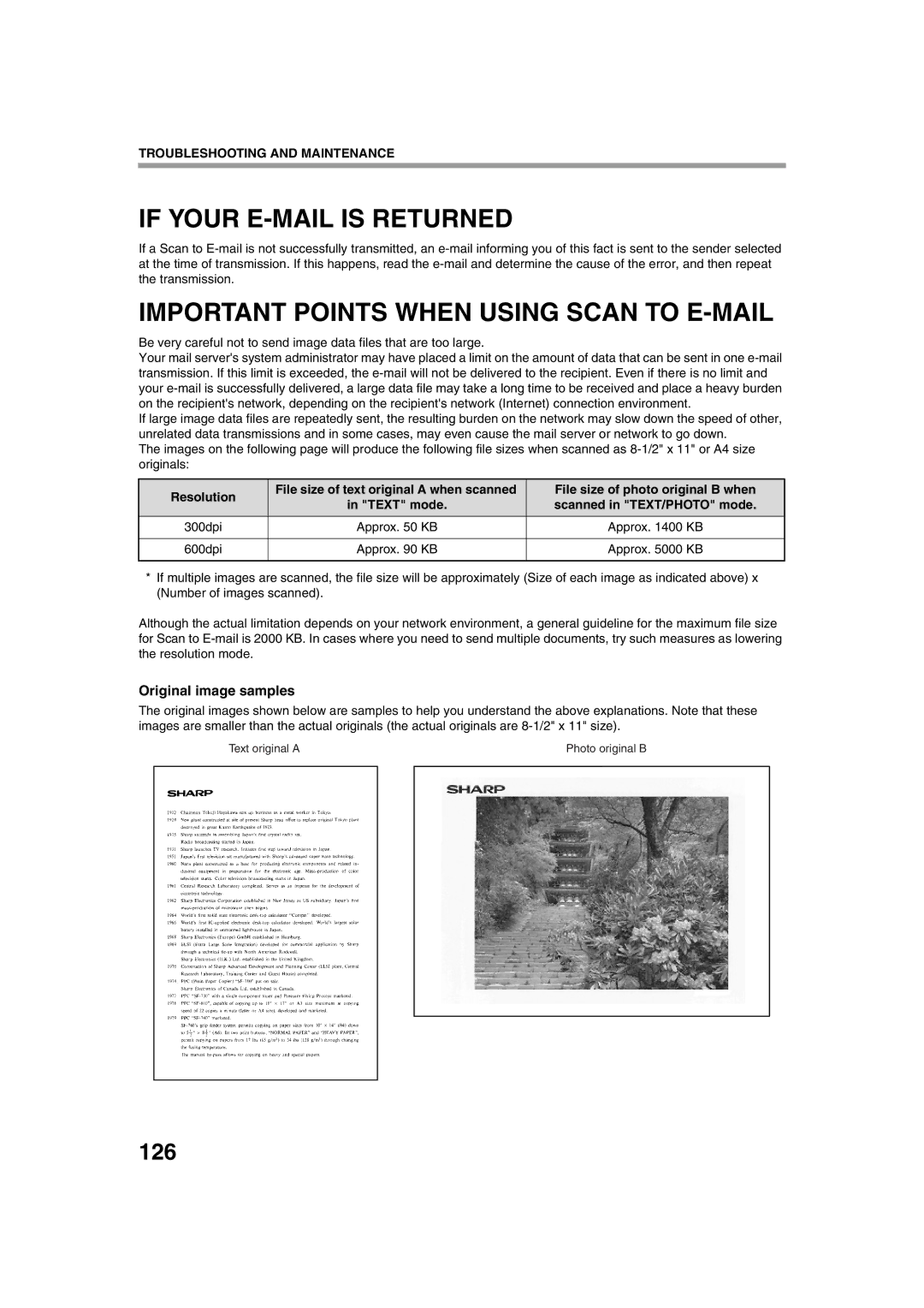 Sharp TINSE2026QSZZ If Your E-MAIL is Returned, Important Points When Using Scan to E-MAIL, 126, Original image samples 