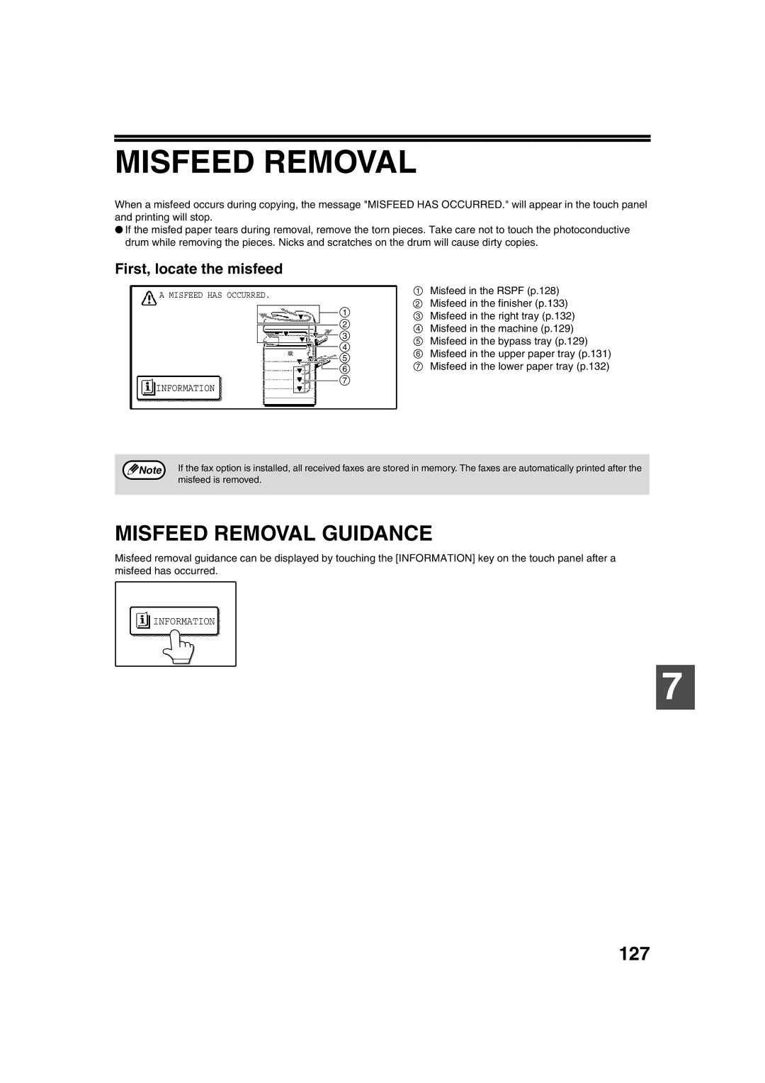 Sharp TINSE2026QSZZ operation manual Misfeed Removal Guidance, 127, First, locate the misfeed 