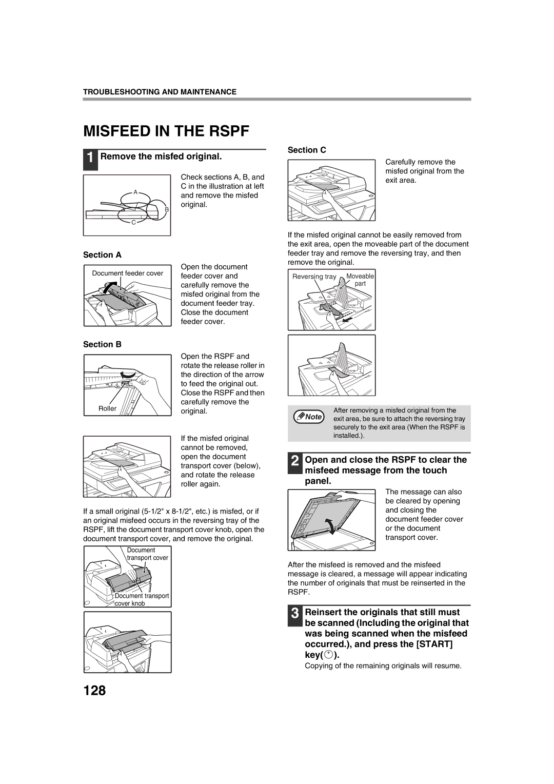 Sharp TINSE2026QSZZ operation manual Misfeed in the Rspf, 128, Remove the misfed original 