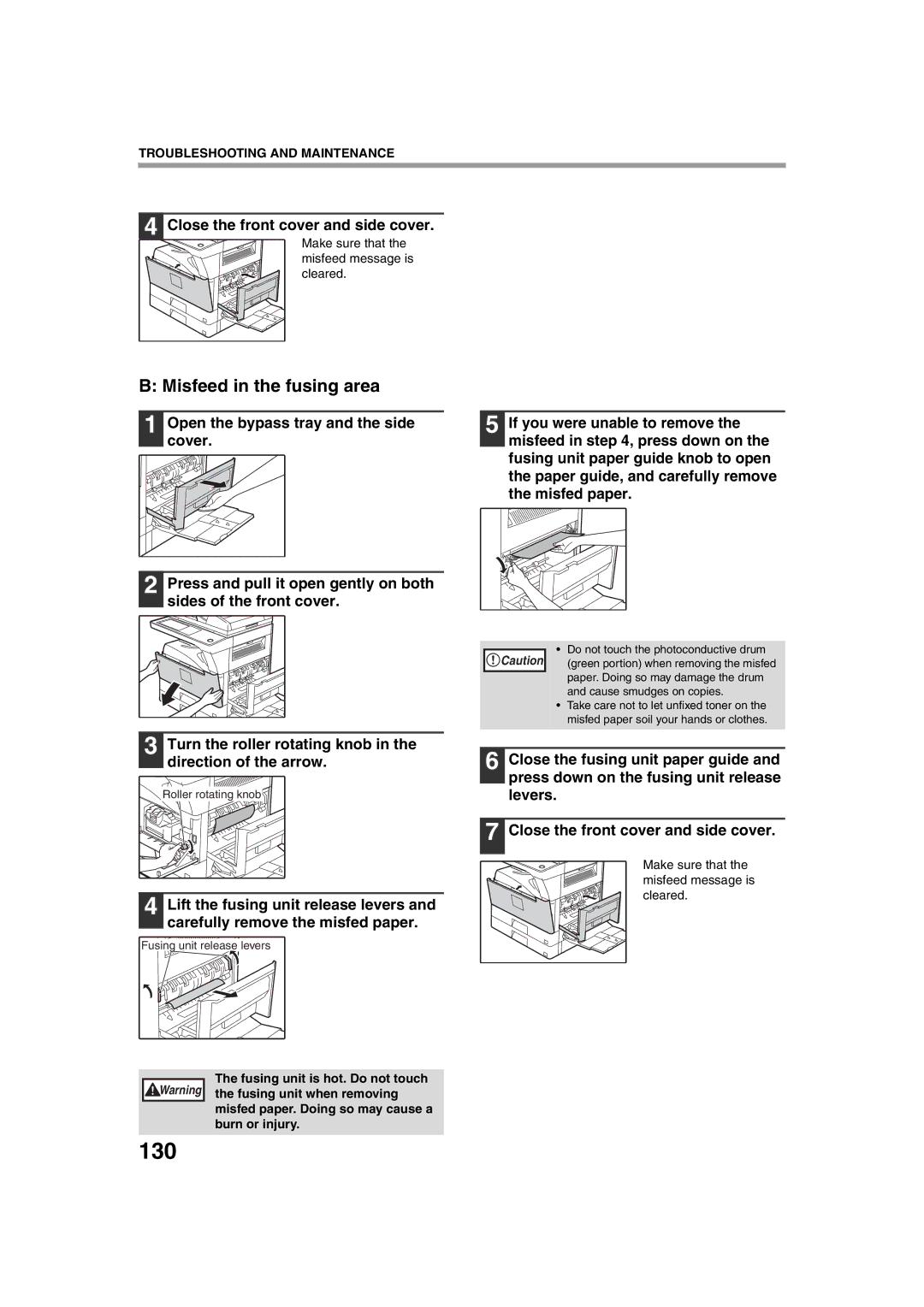 Sharp TINSE2026QSZZ operation manual 130, Misfeed in the fusing area, Close the front cover and side cover 